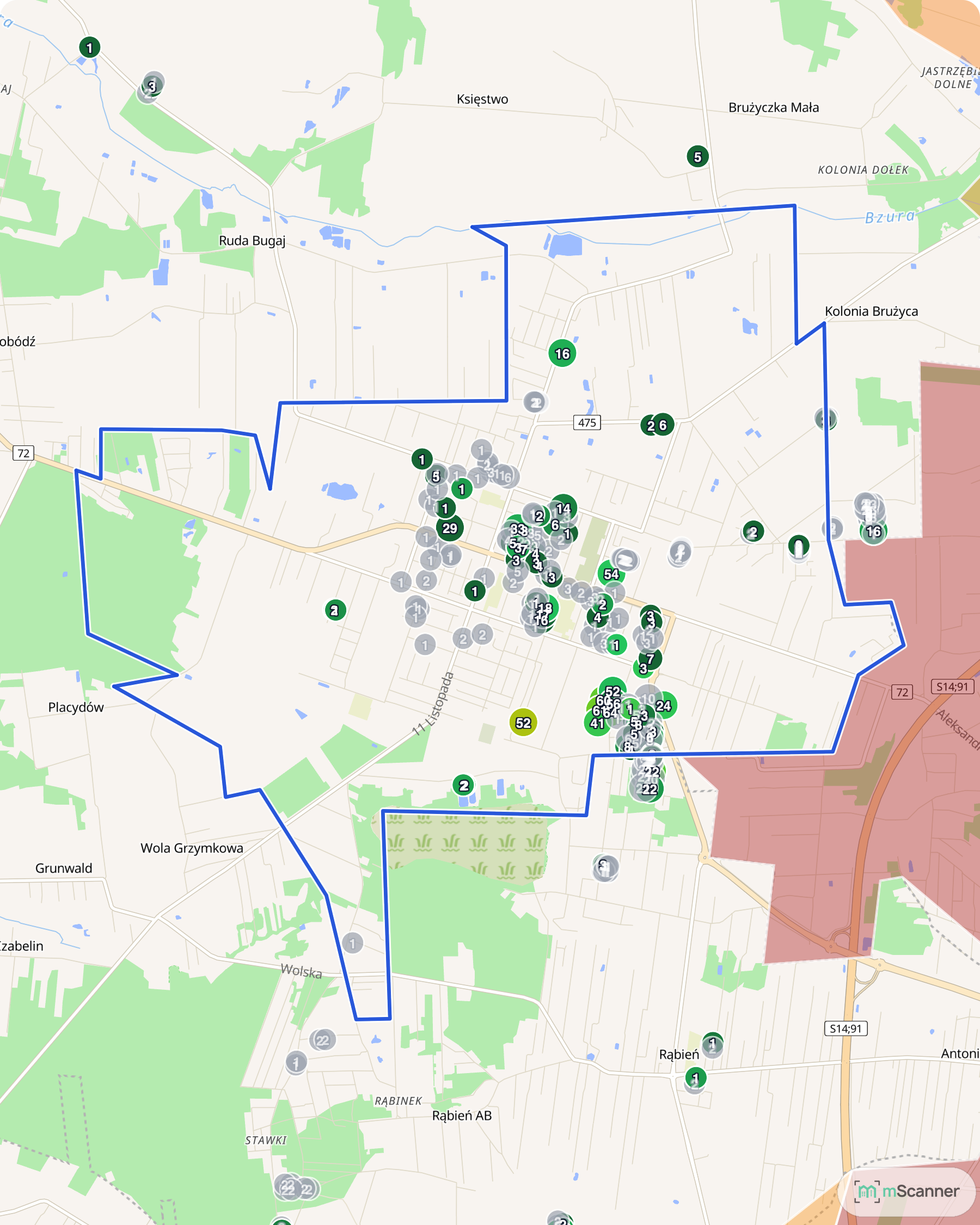 Mapa cen transakcyjnych mieszkań w Aleksandrowie Łódzkim z niebieskim obrysem granic gminy, transakcje skupione w centrum miasta, po prawej stronie granica Łodzi