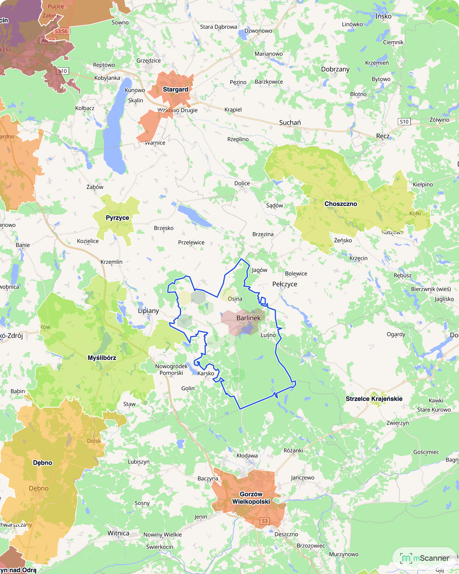 Mapa cen transakcyjnych mieszkań w Barlinku, Dębnie, Myśliborzu i Choszcznie, z niebieskim obrysem granic i kolorowanymi obszarami cen.