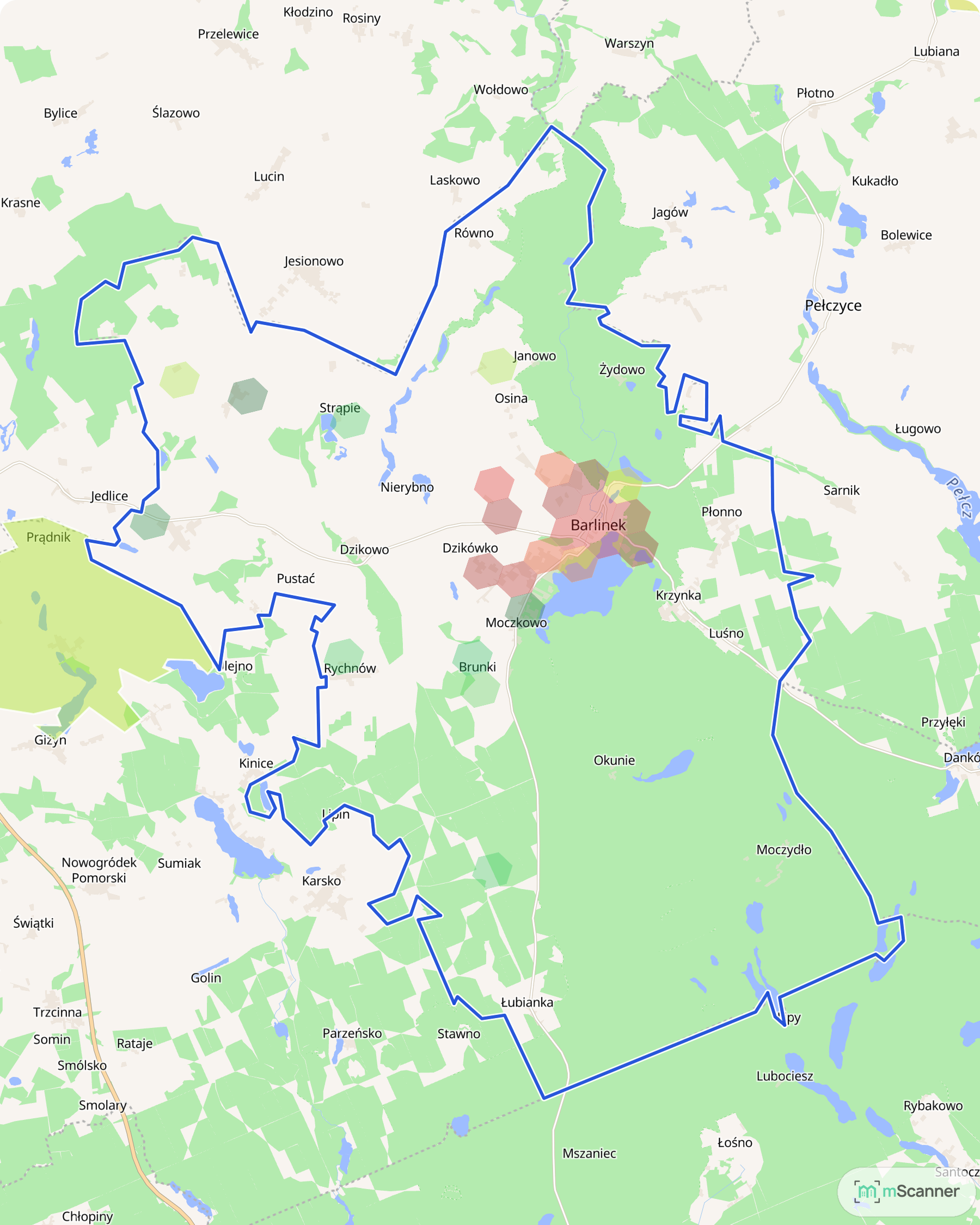 Mapa cen transakcyjnych mieszkań w gminie Barlinek, z niebieskim obrysem granic i kolorowanymi obszarami cen.