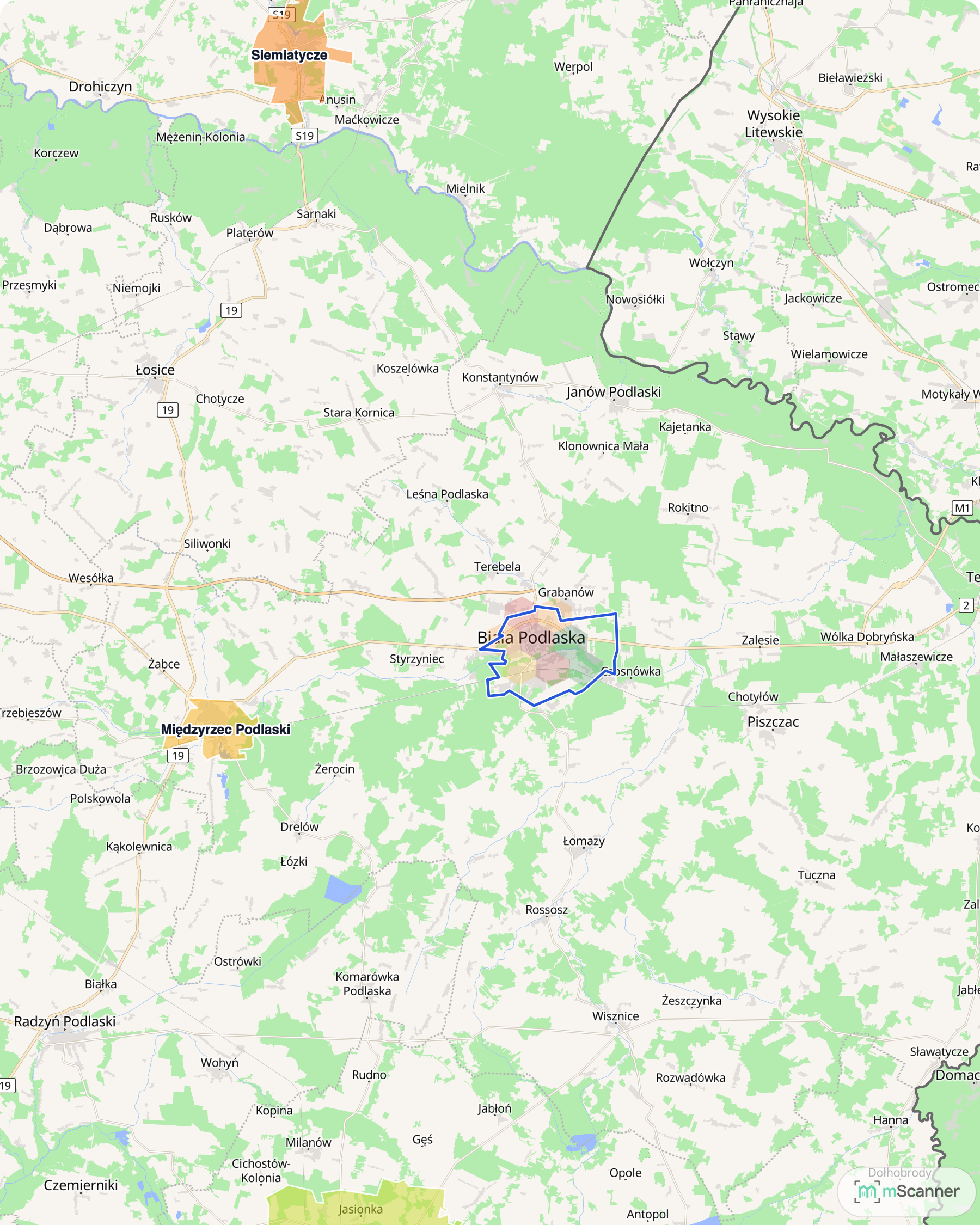 Mapa cen transakcyjnych mieszkań na północy województwa lubelskiego, z niebieskim obrysem granic Białej Podlaskiej na wschodzie oraz Międzyrzecem Podlaskim i Łukowem na zachodzie.