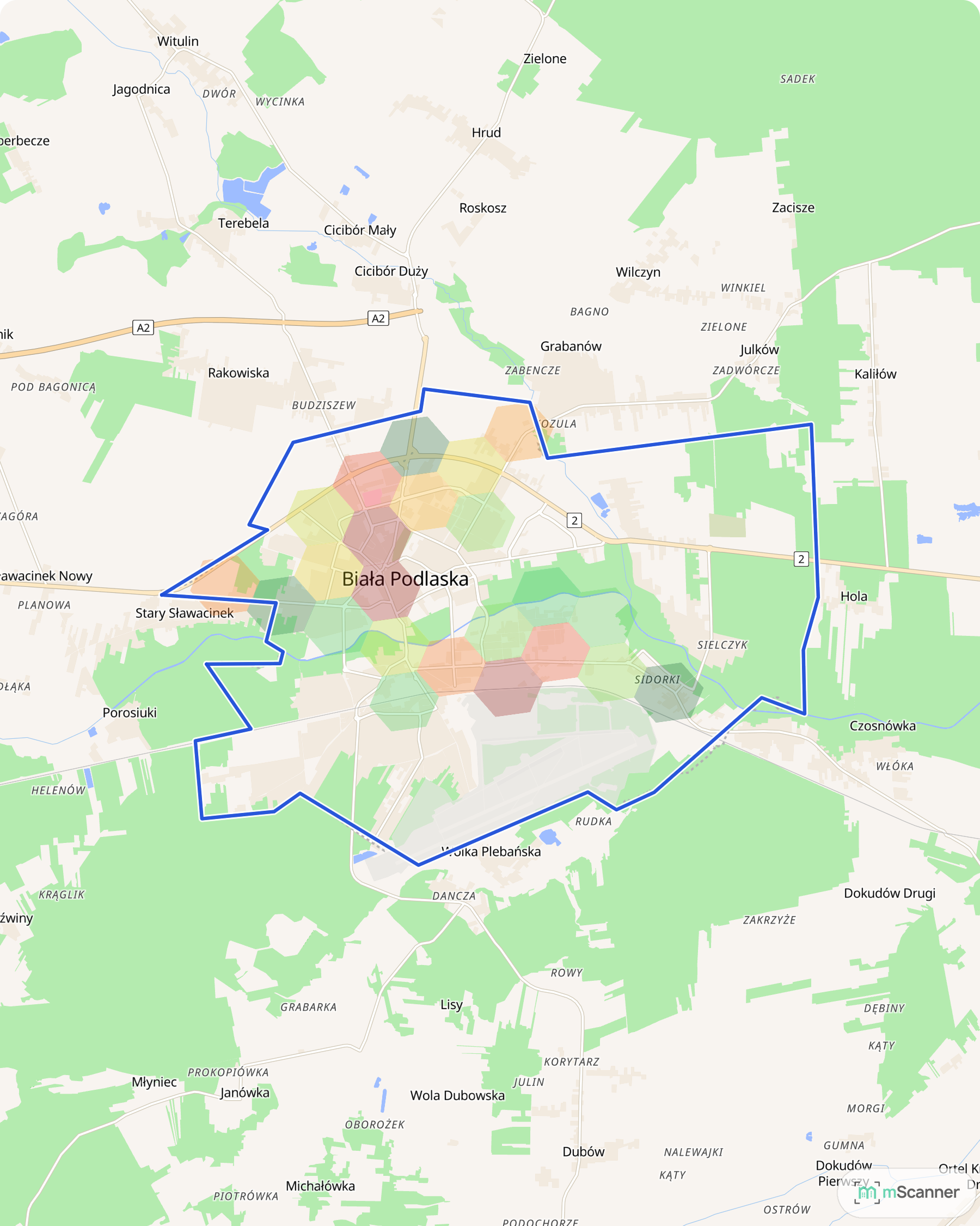 Mapa cen transakcyjnych mieszkań w Białej Podlaskiej, z niebieskim obrysem granic miasta i kolorowymi polami cen rozłożonymi wokół centrum.