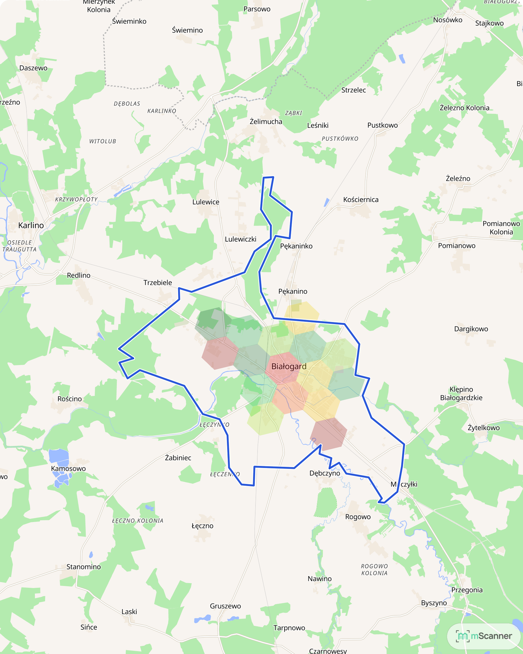Mapa cen transakcyjnych mieszkań w Białogardzie, z niebieskim obrysem granic i kolorowanymi obszarami cen.