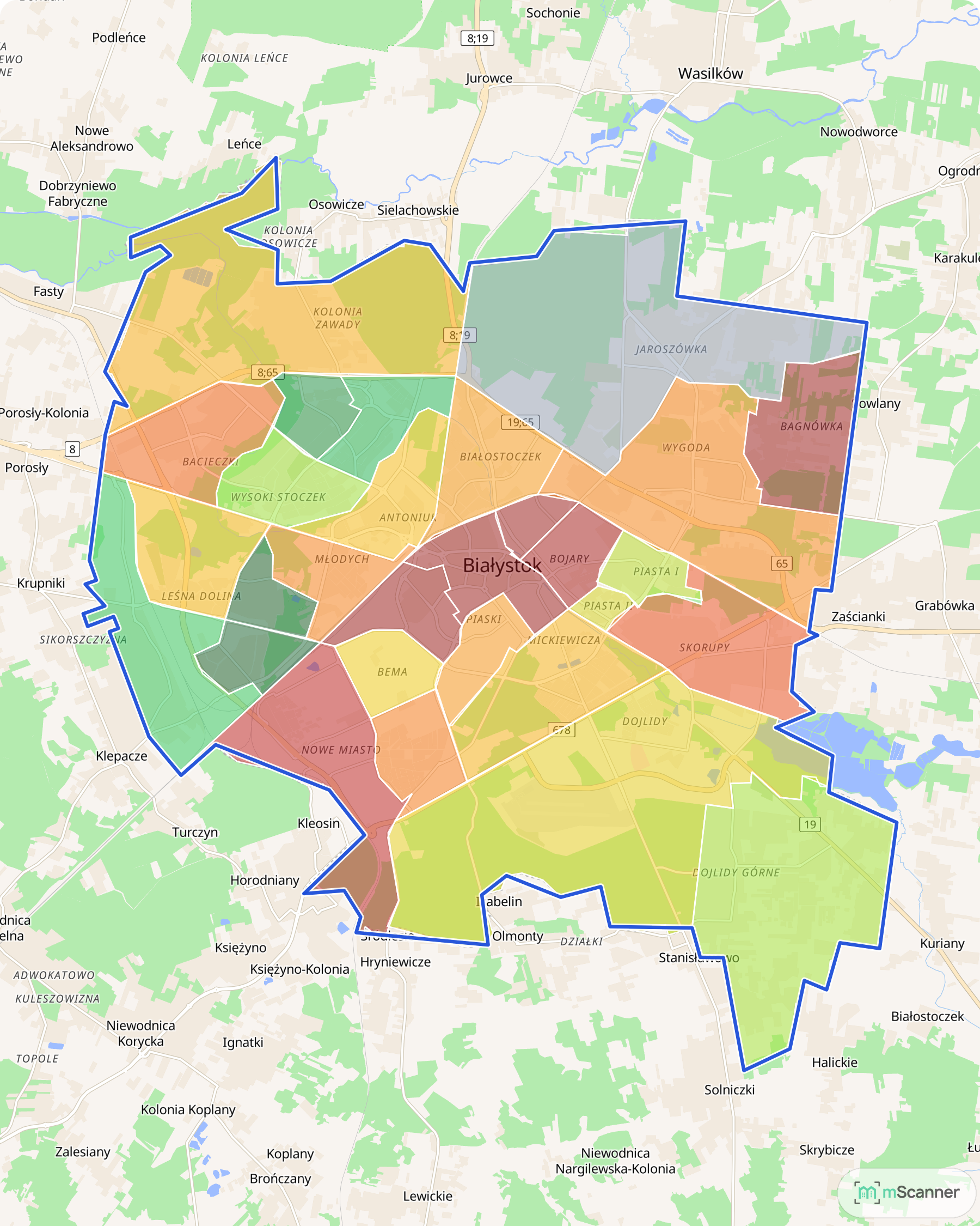Mapa Białegostoku z niebieską granicą administracyjną i 29 osiedlami pokolorowanymi według mediany ceny transakcyjnej mieszkań, od czerwieni w śródmieściu, na Bojarach i Bagnówce po zieleń w Dojlidach Górnych i Leśnej Dolinie, z szarą Jaroszówką bez wystarczającej liczby transakcji
