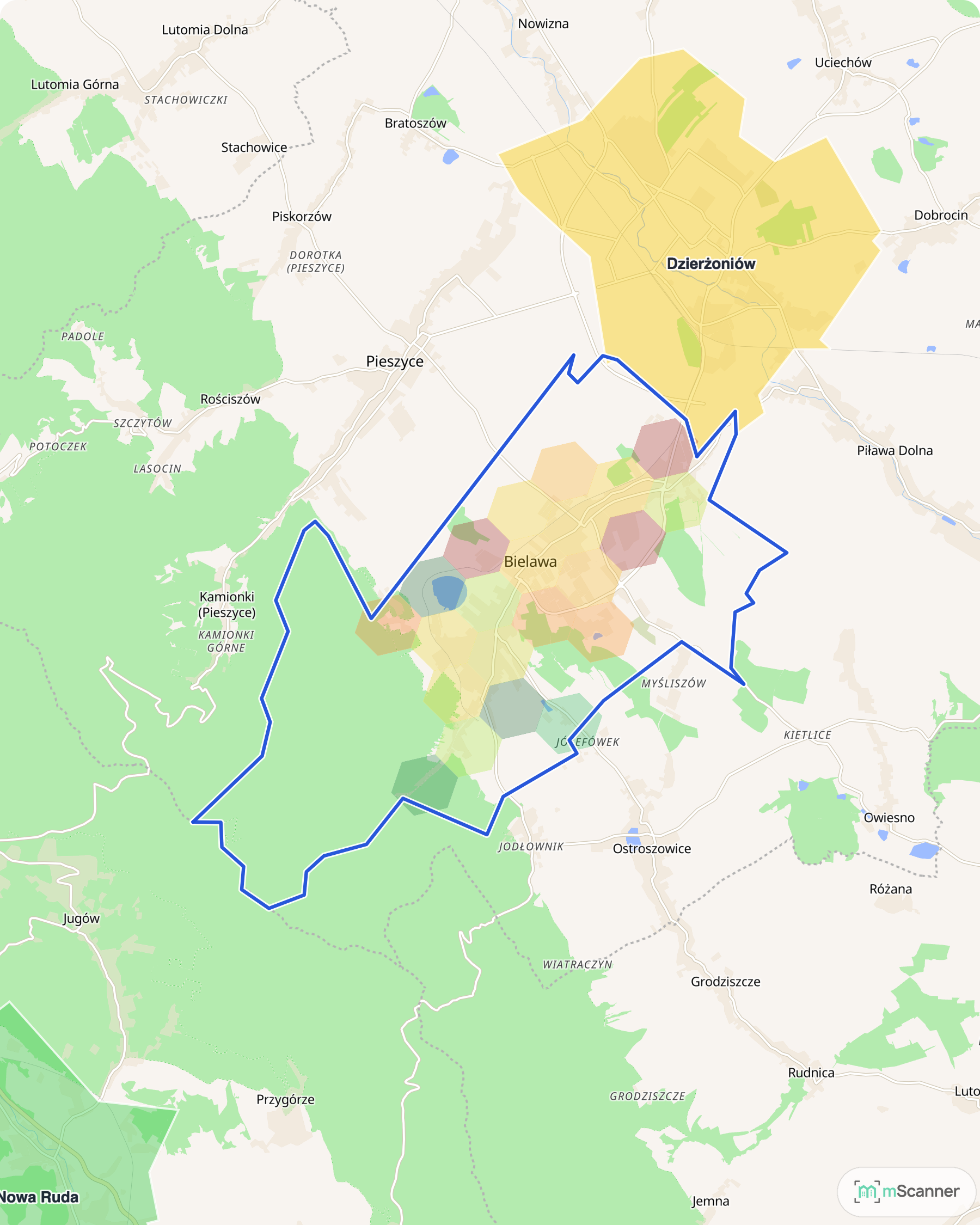 Mapa cen transakcyjnych mieszkań w Bielawie, z niebieskim obrysem granic i kolorowanymi obszarami cen.