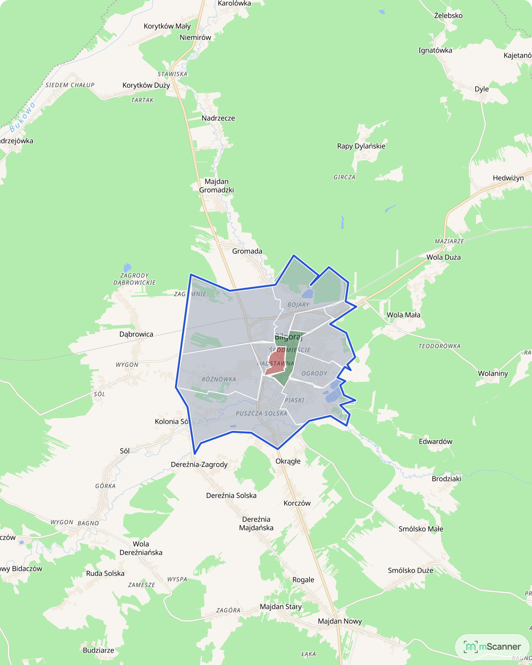 Mapa cen transakcyjnych mieszkań w Biłgoraju, z niebieskim obrysem granic miasta i kolorowanymi obszarami cen w osiedlach.