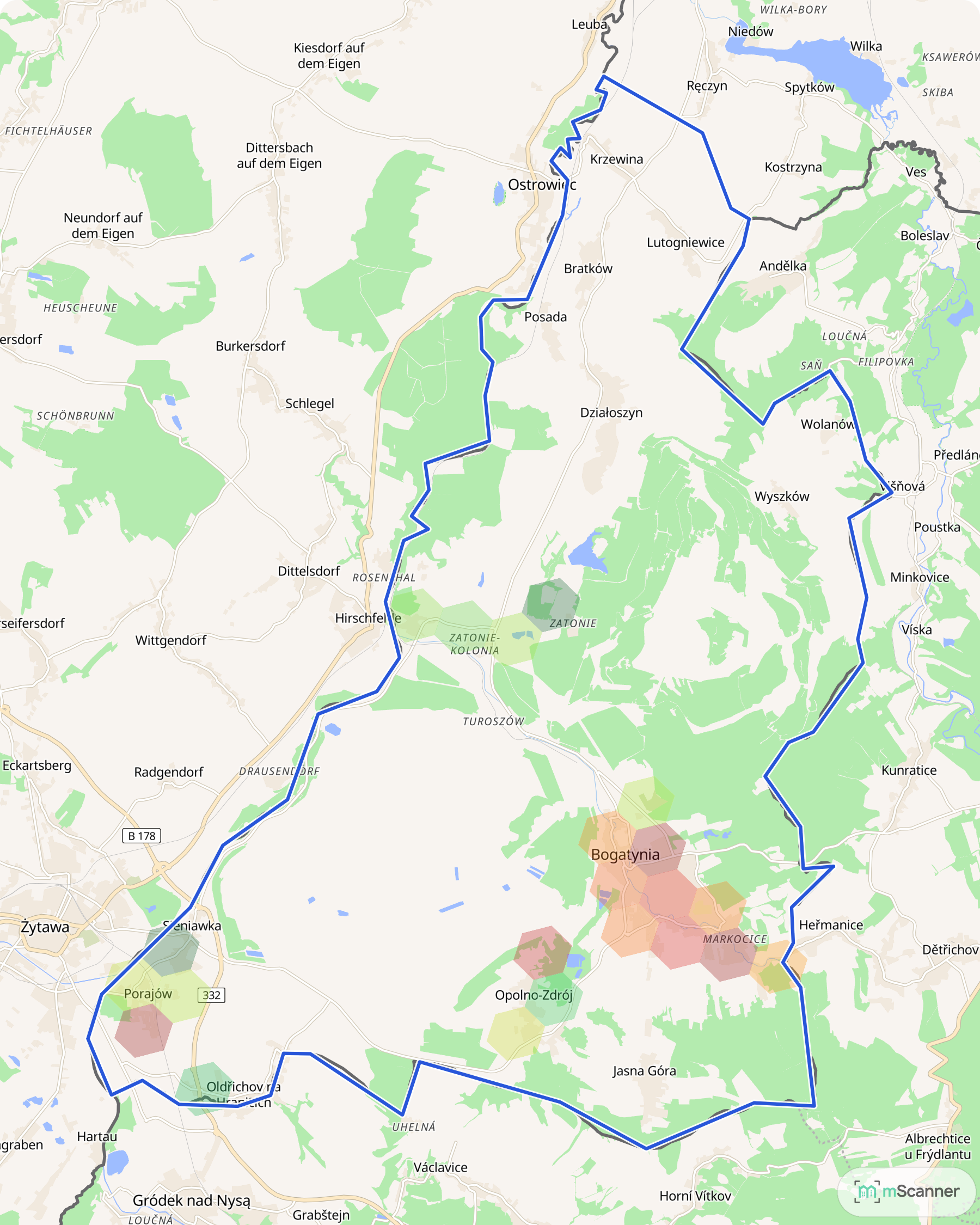 Mapa cen transakcyjnych mieszkań w gminie Bogatynia, z niebieskim obrysem granic i kolorowanymi obszarami cen.