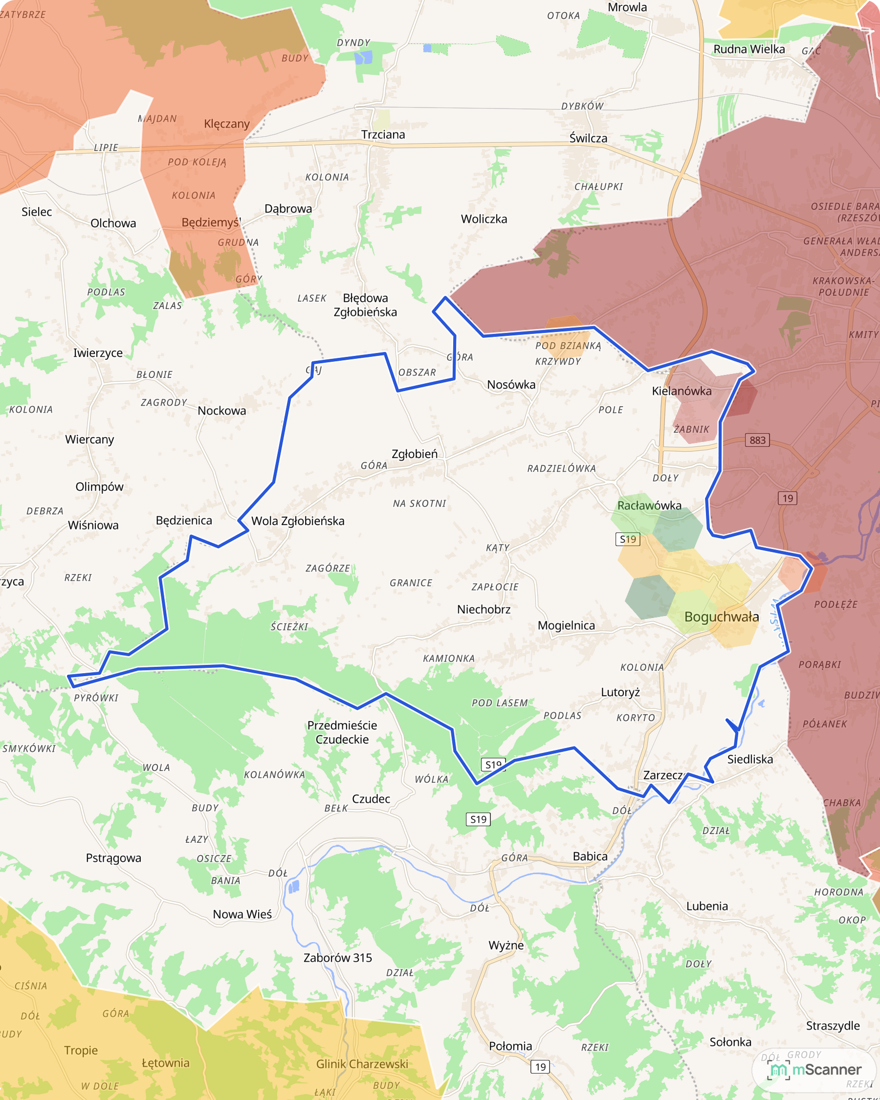 Mapa gminy Boguchwała z niebieską granicą administracyjną i siatką sześciokątów pokolorowanych według mediany ceny transakcyjnej mieszkań, na południowy zachód od Rzeszowa