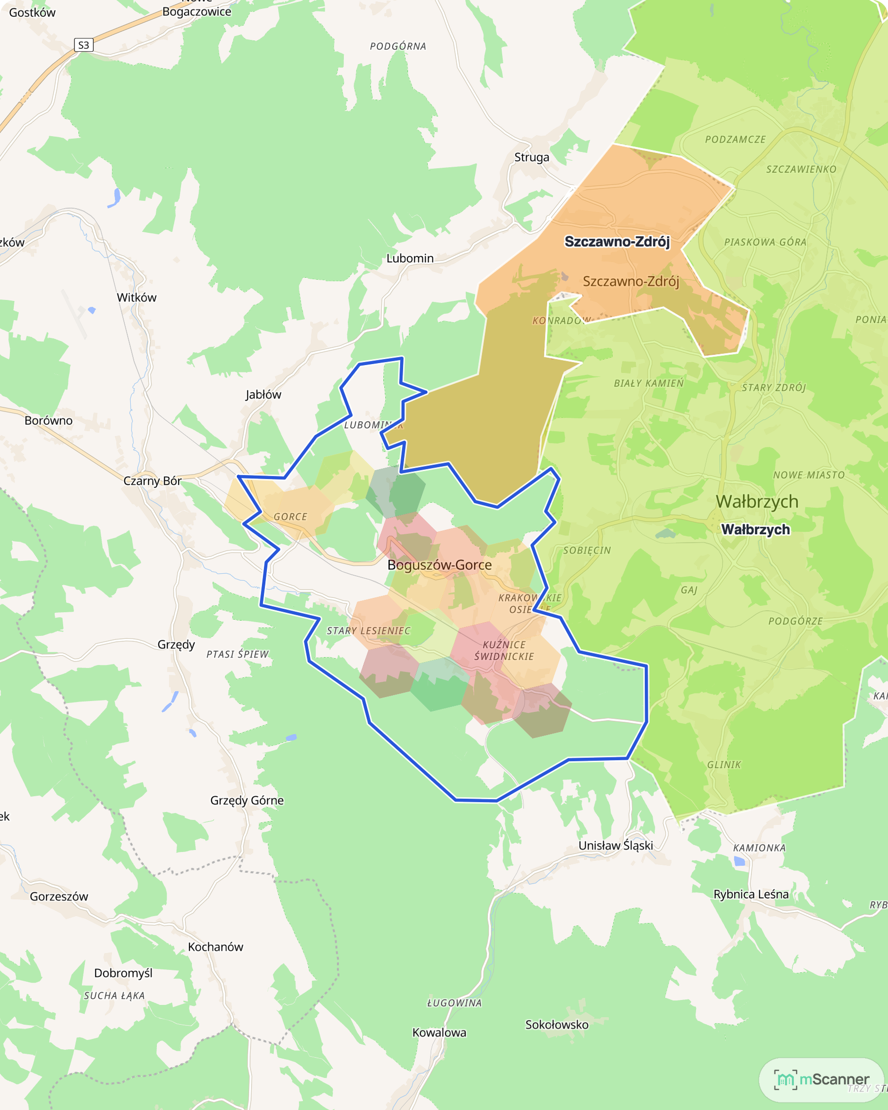 Mapa cen transakcyjnych mieszkań w Boguszowie-Gorcach, z niebieskim obrysem granic i kolorowanymi obszarami cen.