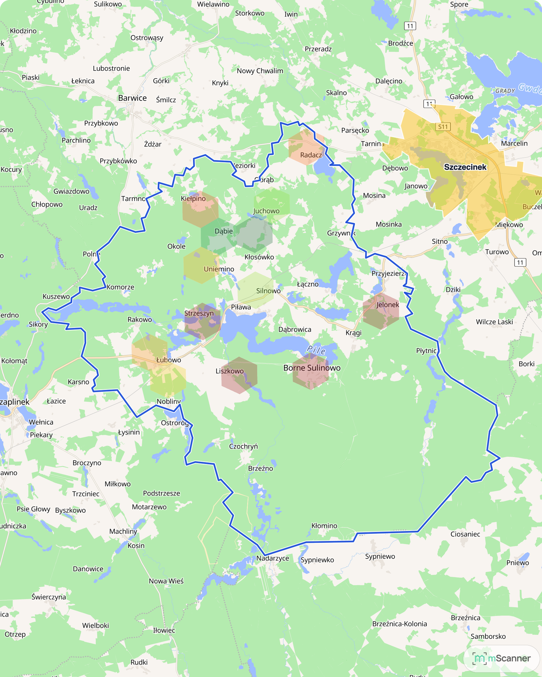 Mapa cen transakcyjnych mieszkań w gminie Borne Sulinowo, z niebieskim obrysem granic i kolorowanymi obszarami cen.