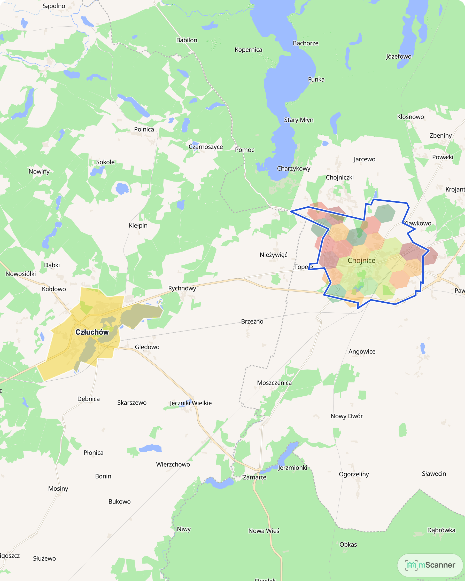 Mapa Borów Tucholskich i Krajny z niebieską granicą Chojnic i siatką cen transakcyjnych, obejmująca Człuchów na zachodzie