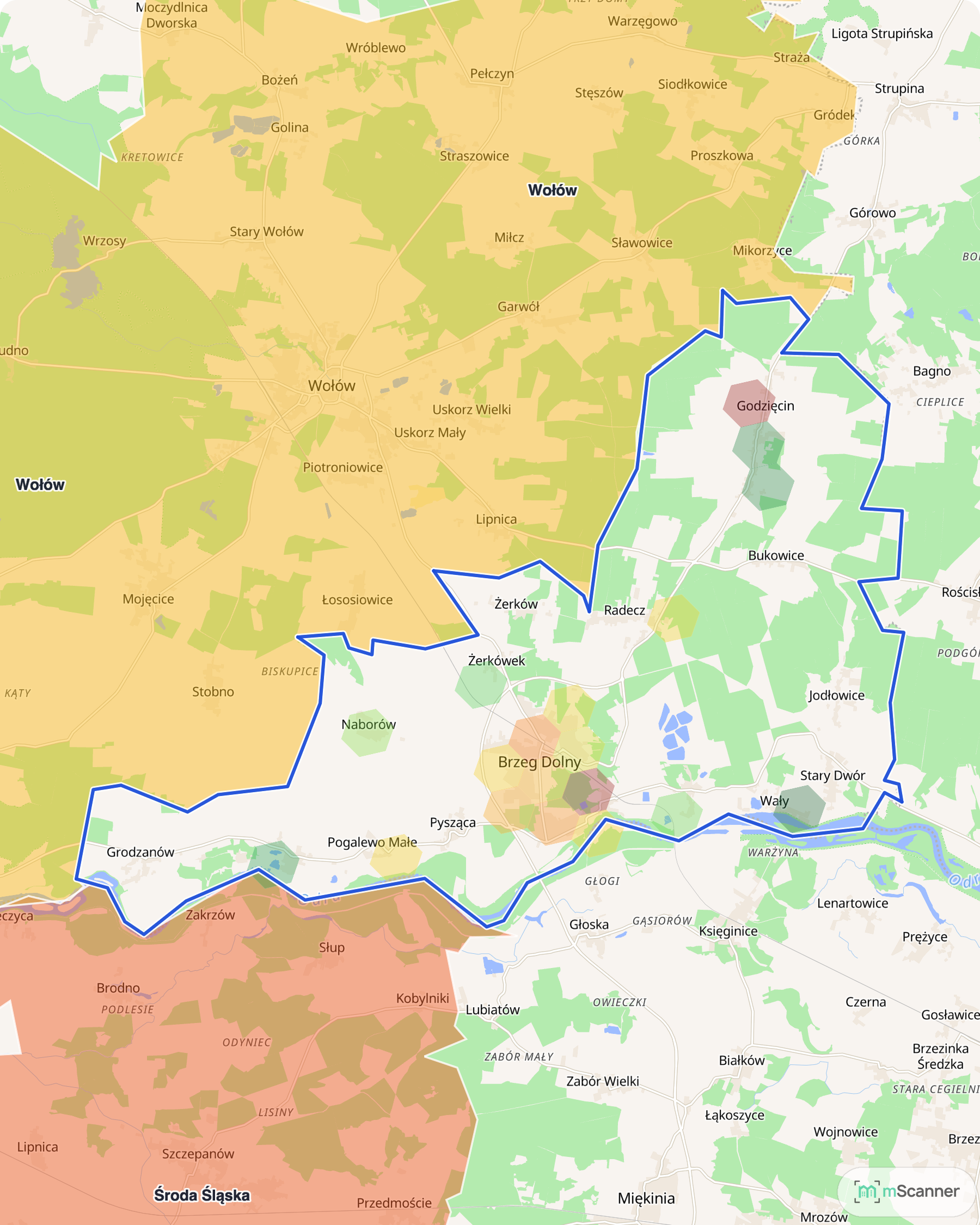 Mapa cen transakcyjnych mieszkań w gminie Brzeg Dolny, z niebieskim obrysem granic i kolorowanymi obszarami cen.