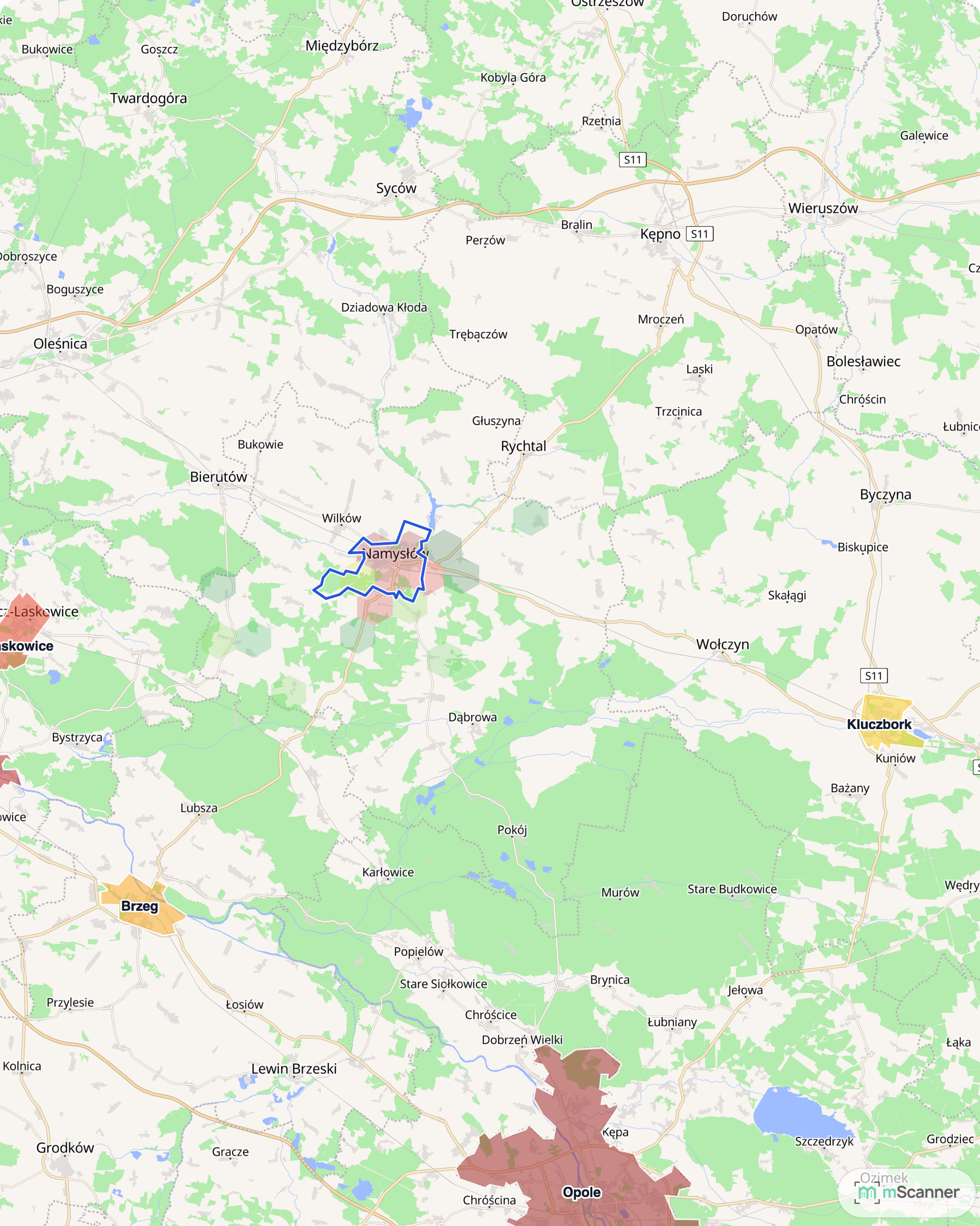 Mapa cen transakcyjnych mieszkań na północy województwa opolskiego. Brzeg nad Odrą po zachodniej stronie, Namysłów w środku z niebieskim obrysem granic i Kluczbork na wschodzie.