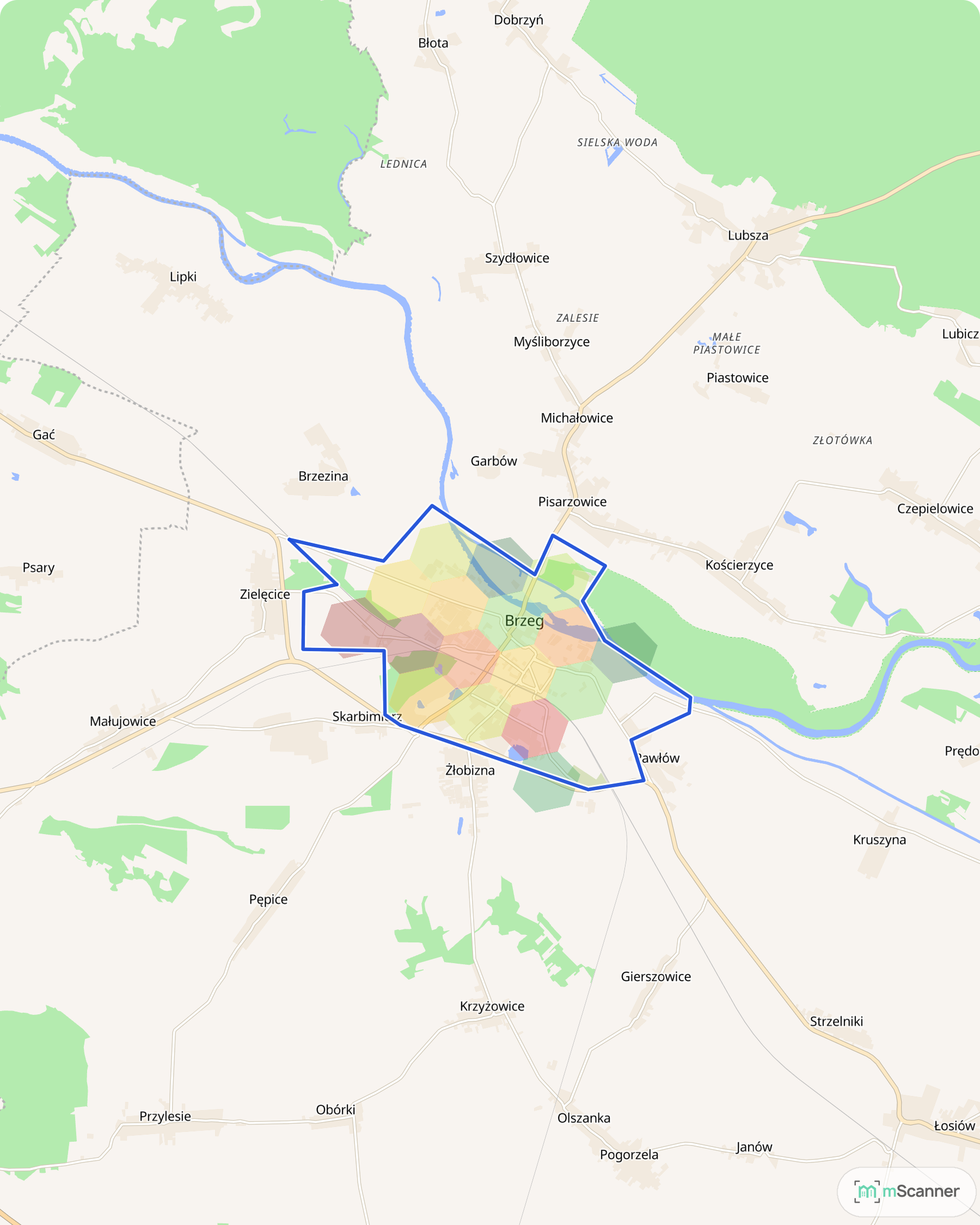 Mapa cen transakcyjnych mieszkań w Brzegu, z niebieskim obrysem granic miasta nad Odrą i sześciokątnymi polami cen ciągnącymi się od starówki na południe, wzdłuż drogi na Grodków.