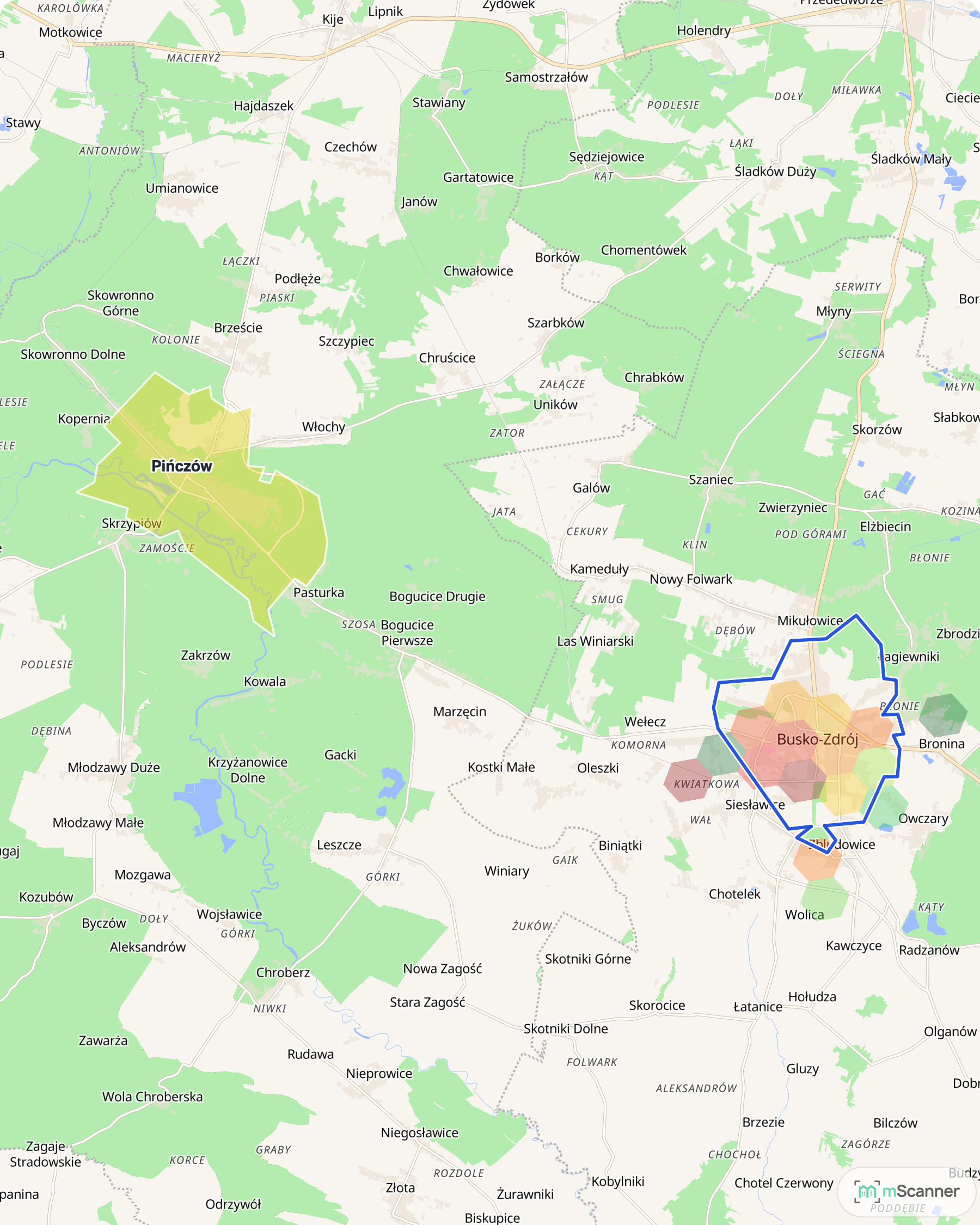 Mapa cen transakcyjnych mieszkań na południu województwa świętokrzyskiego. Pińczów na zachodzie i Busko-Zdrój na wschodzie z niebieskim obrysem granic miasta, każde pokolorowane własnym poziomem cen.