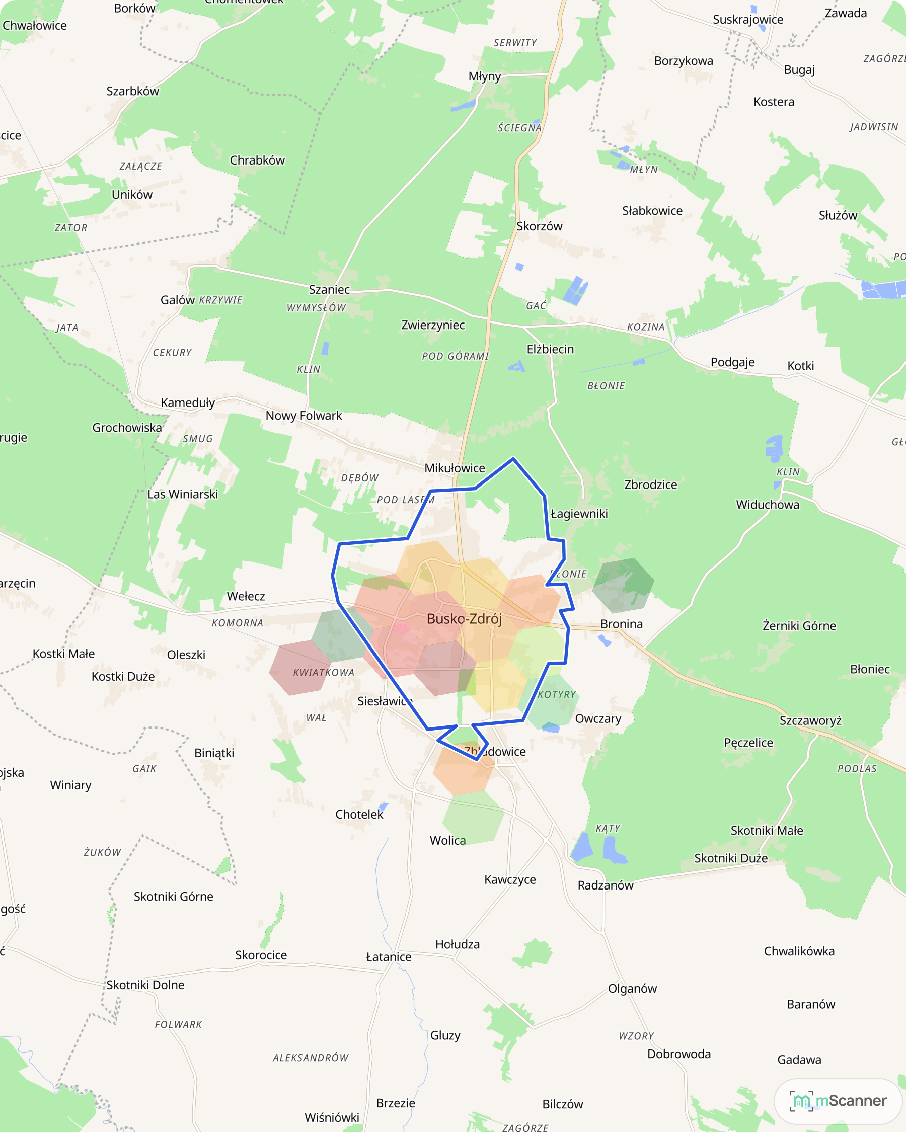 Mapa cen transakcyjnych mieszkań w Busku-Zdroju, z niebieskim obrysem granic miasta i polami cen skupionymi w jego zachodniej i środkowej części.