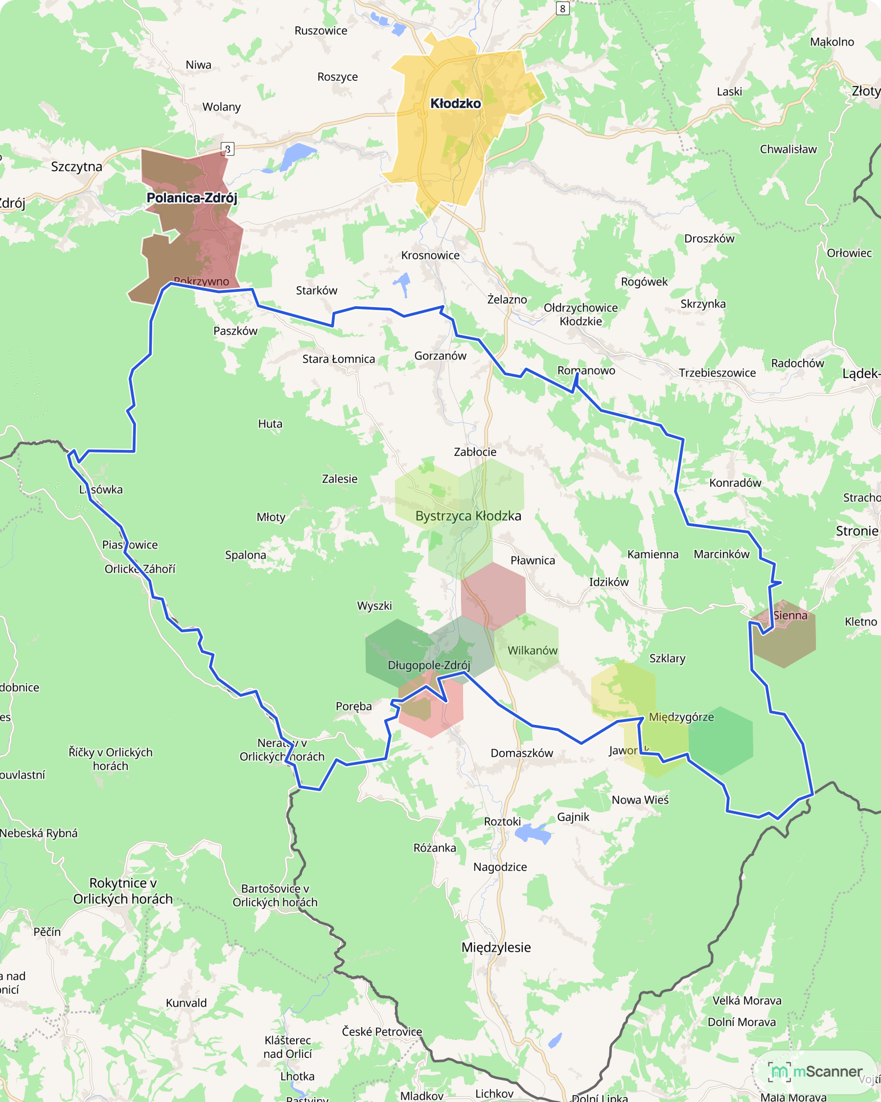Mapa cen transakcyjnych mieszkań w gminie Bystrzyca Kłodzka, z niebieskim obrysem granic i kolorowanymi obszarami cen.