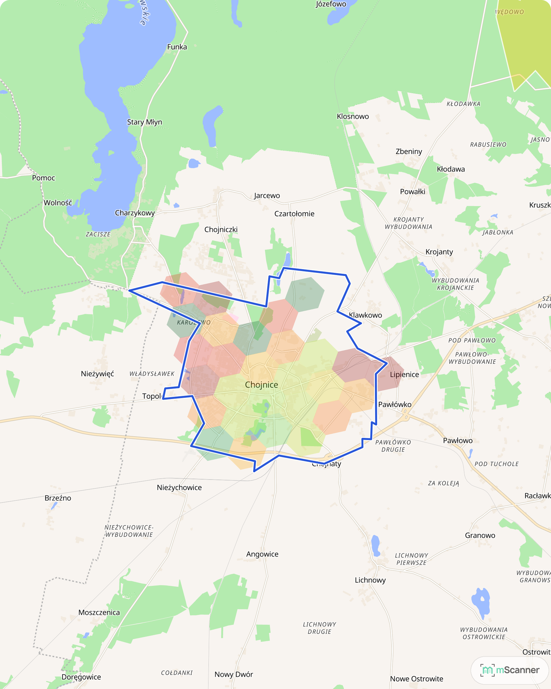 Mapa Chojnic z niebieską granicą administracyjną miasta i siatką sześciokątów pokolorowanych według mediany ceny transakcyjnej, na skraju Borów Tucholskich
