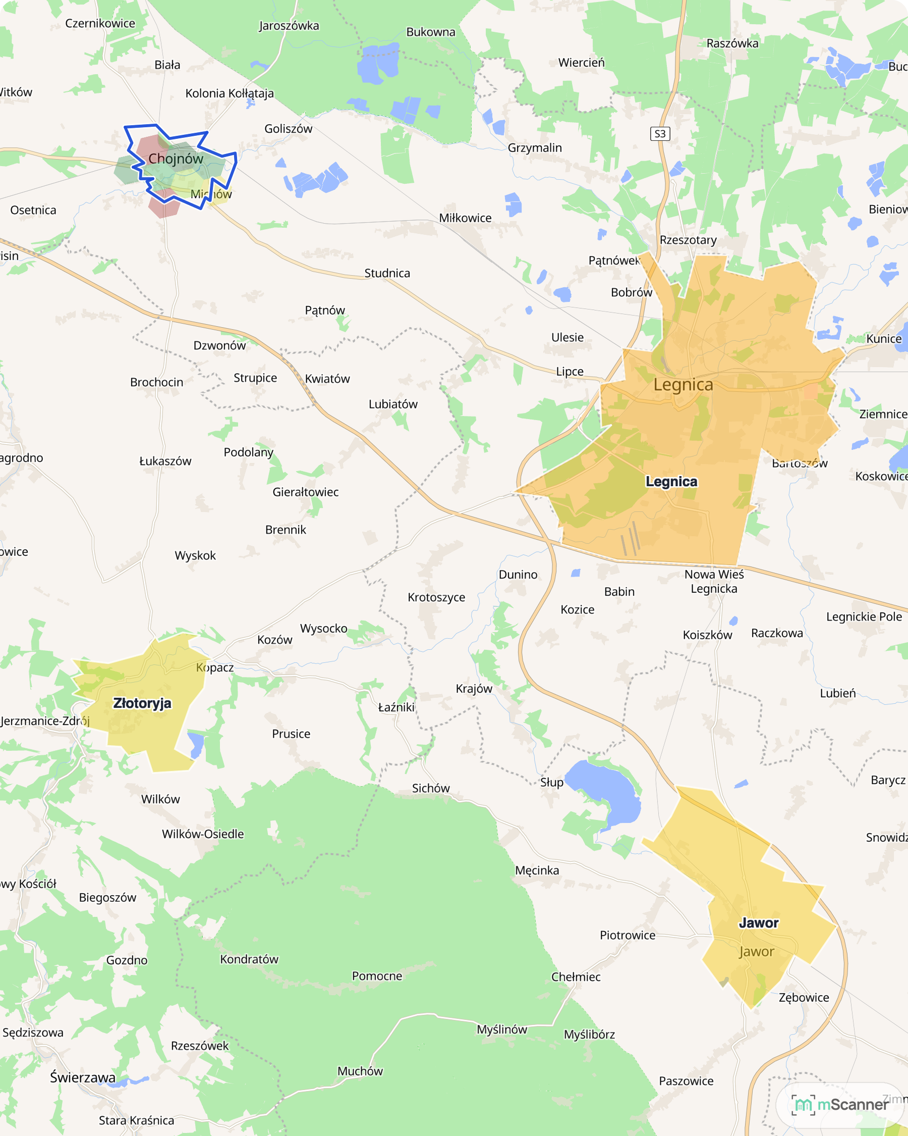 Mapa cen transakcyjnych mieszkań w Chojnowie, Jaworze i Złotoryi, z niebieskim obrysem granic i kolorowanymi obszarami cen.