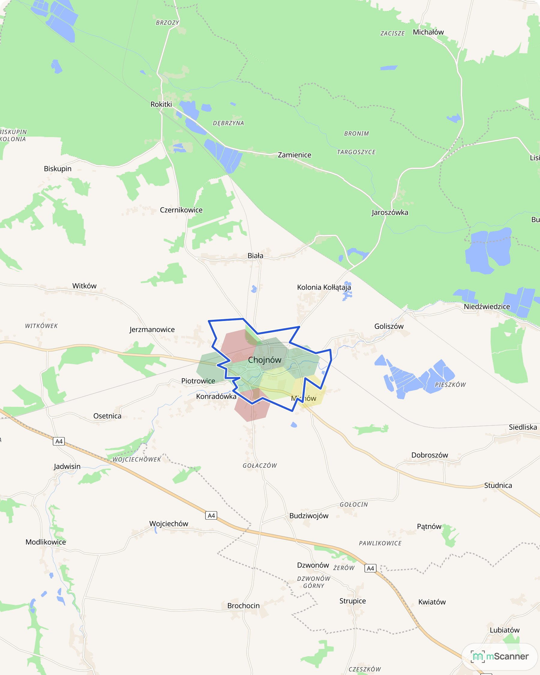 Mapa cen transakcyjnych mieszkań w Chojnowie, z niebieskim obrysem granic i kolorowanymi obszarami cen.