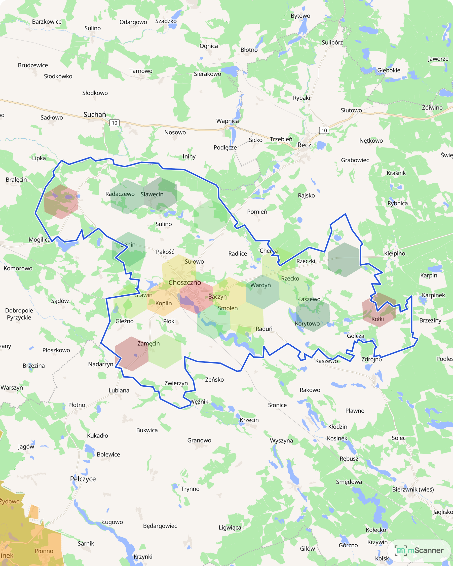 Mapa cen transakcyjnych mieszkań w gminie Choszczno, z niebieskim obrysem granic i kolorowanymi obszarami cen.
