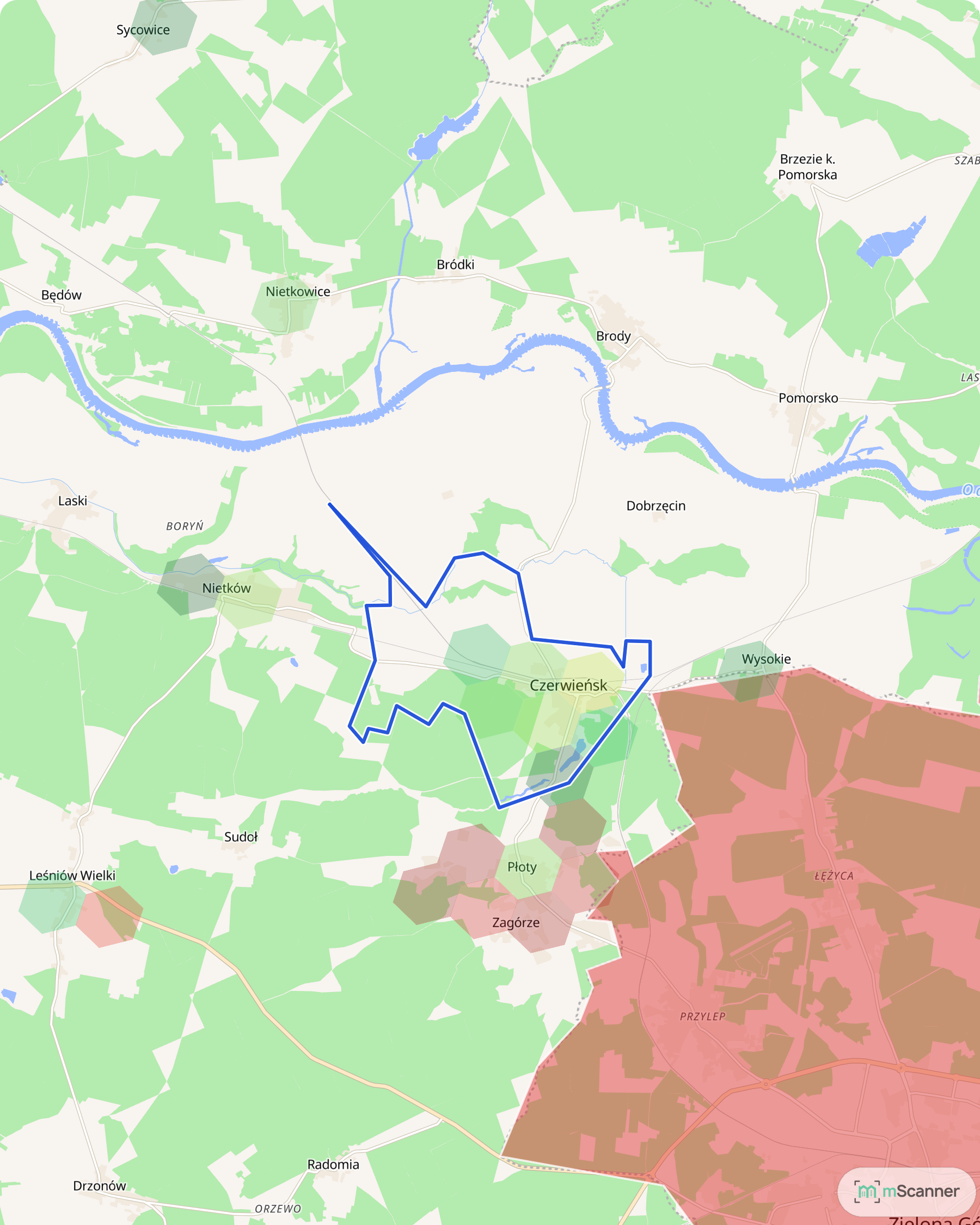 Mapa cen transakcyjnych mieszkań w Czerwieńsku, z niebieskim obrysem granic gminy i kolorowymi polami cen skupionymi w zabudowanej części miasta.