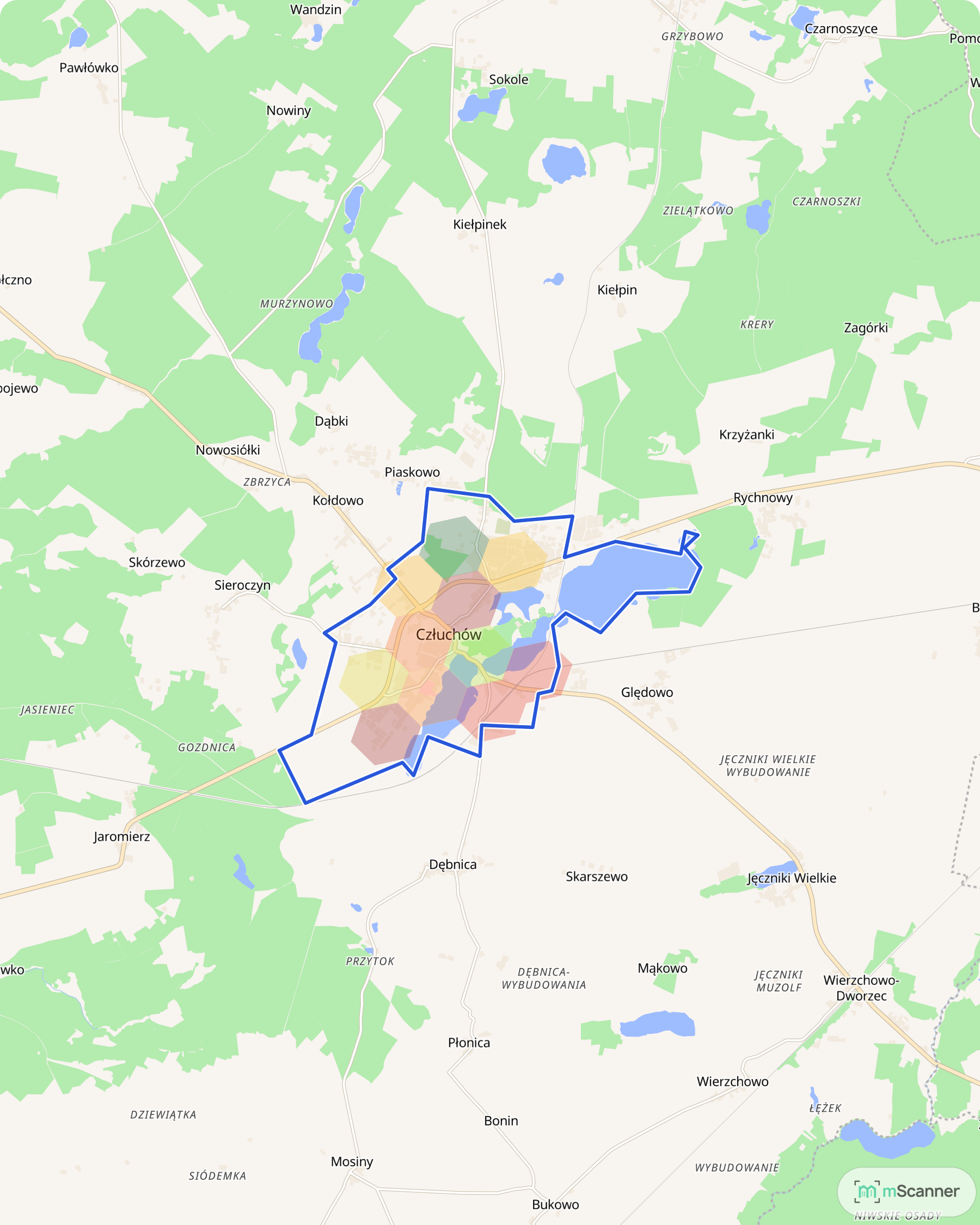 Mapa Człuchowa z niebieską granicą administracyjną miasta i siatką sześciokątów pokolorowanych według mediany ceny transakcyjnej, nad jeziorem Miejskim