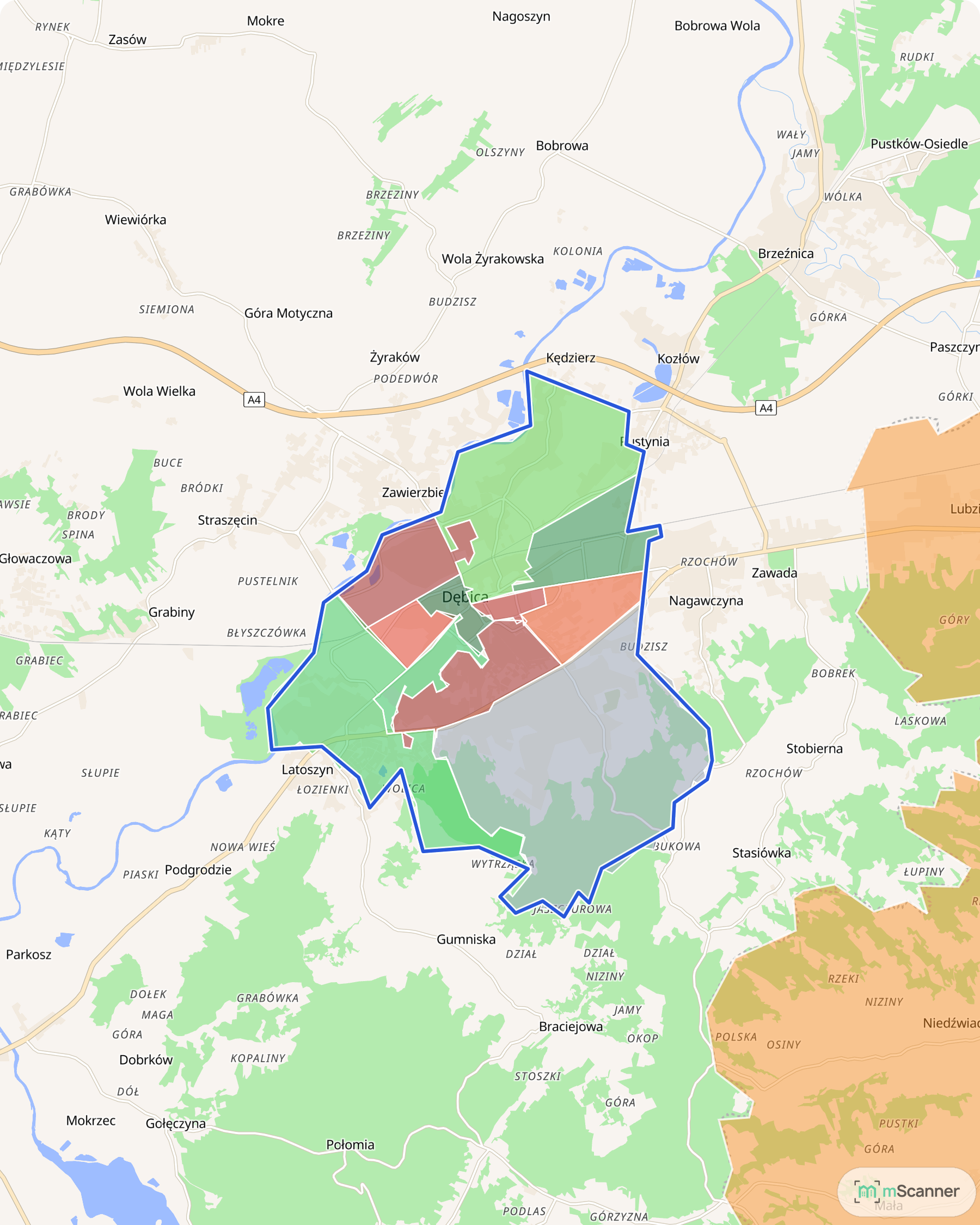 Mapa Dębicy z niebieską granicą administracyjną i sześciokątami pokolorowanymi według mediany ceny transakcyjnej mieszkań, nad Wisłoką przy autostradzie A4