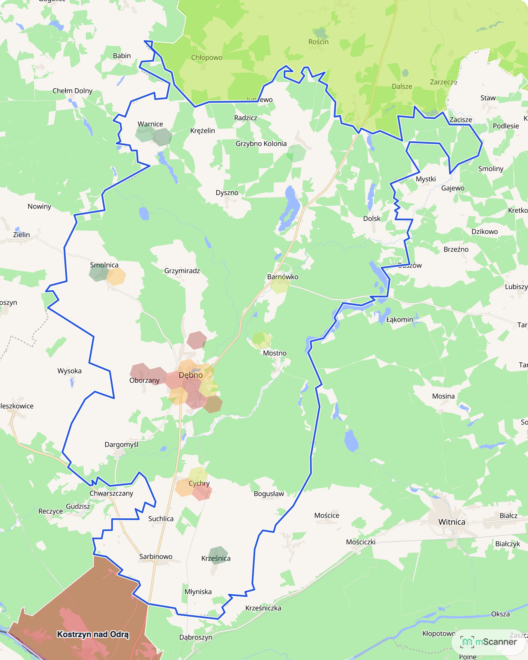 Mapa cen transakcyjnych mieszkań w gminie Dębno, z niebieskim obrysem granic i kolorowanymi obszarami cen.