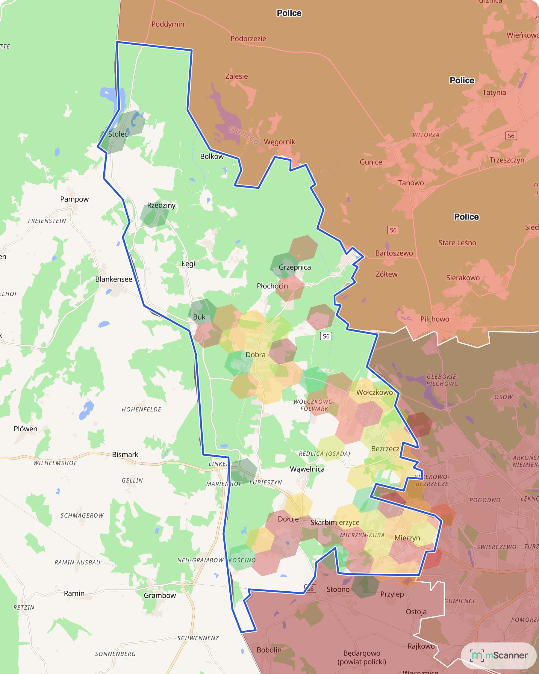Mapa cen transakcyjnych mieszkań w gminie Dobra (Szczecińska), z niebieskim obrysem granic i kolorowanymi obszarami cen.
