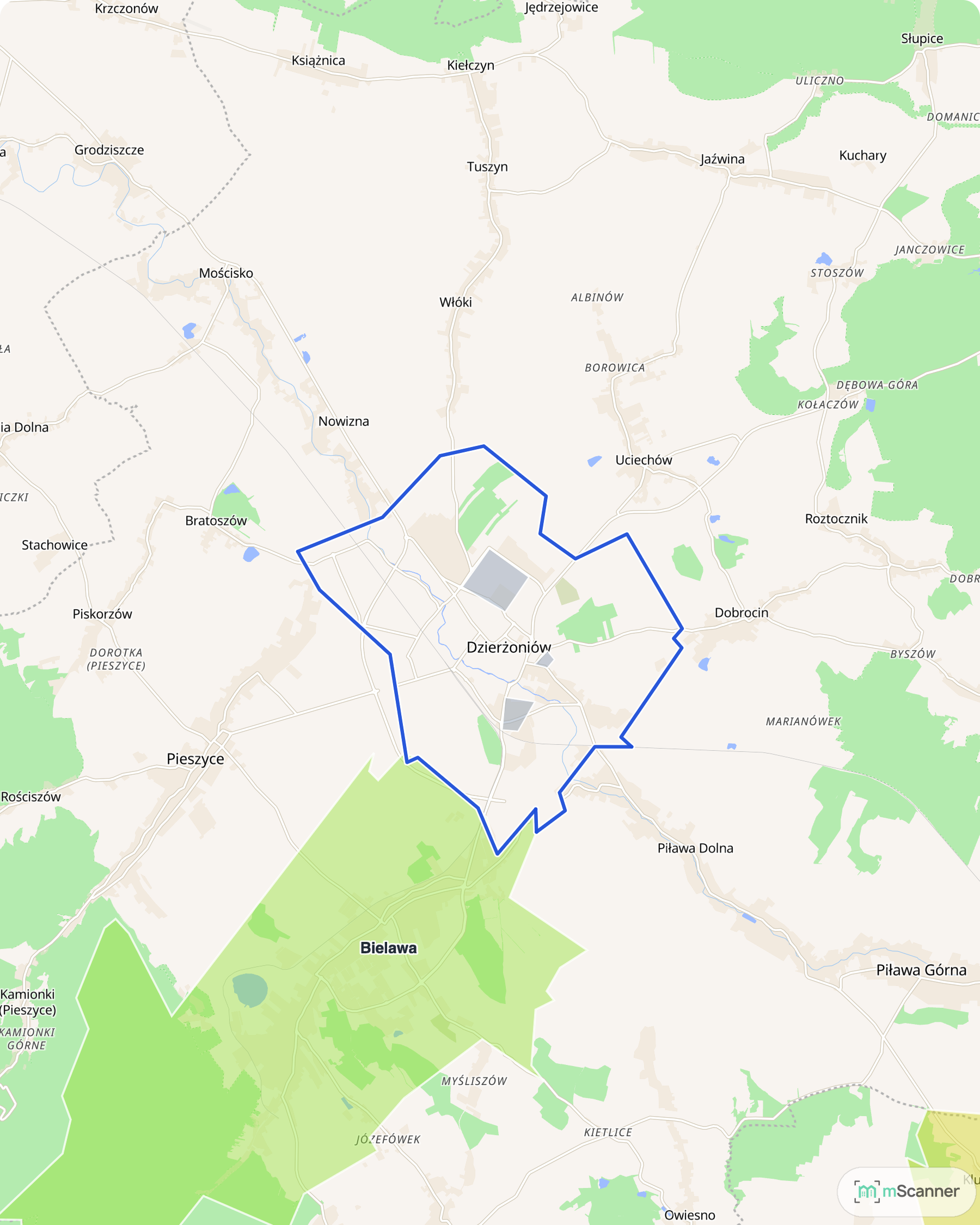 Mapa cen transakcyjnych mieszkań w Dzierżoniowie, z niebieskim obrysem granic i kolorowanymi obszarami cen.