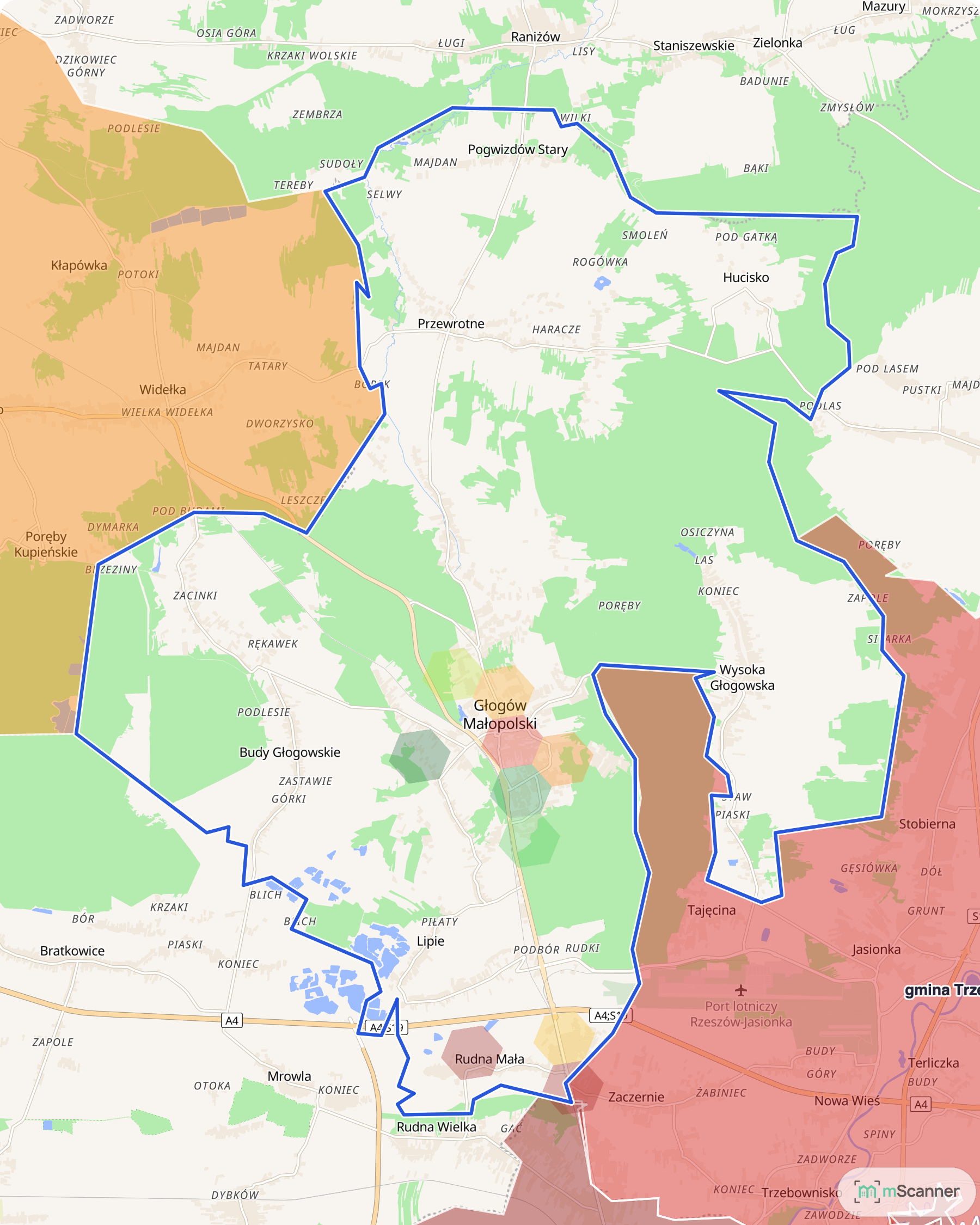 Mapa gminy Głogów Małopolski z niebieską granicą administracyjną i siatką sześciokątów pokolorowanych według mediany ceny transakcyjnej mieszkań, na północ od Rzeszowa