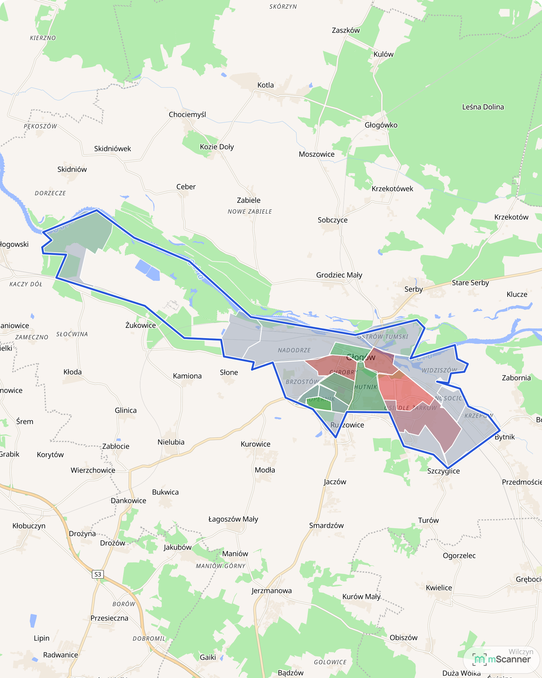 Mapa cen transakcyjnych mieszkań w Głogowie, z niebieskim obrysem granic i kolorowanymi obszarami cen.