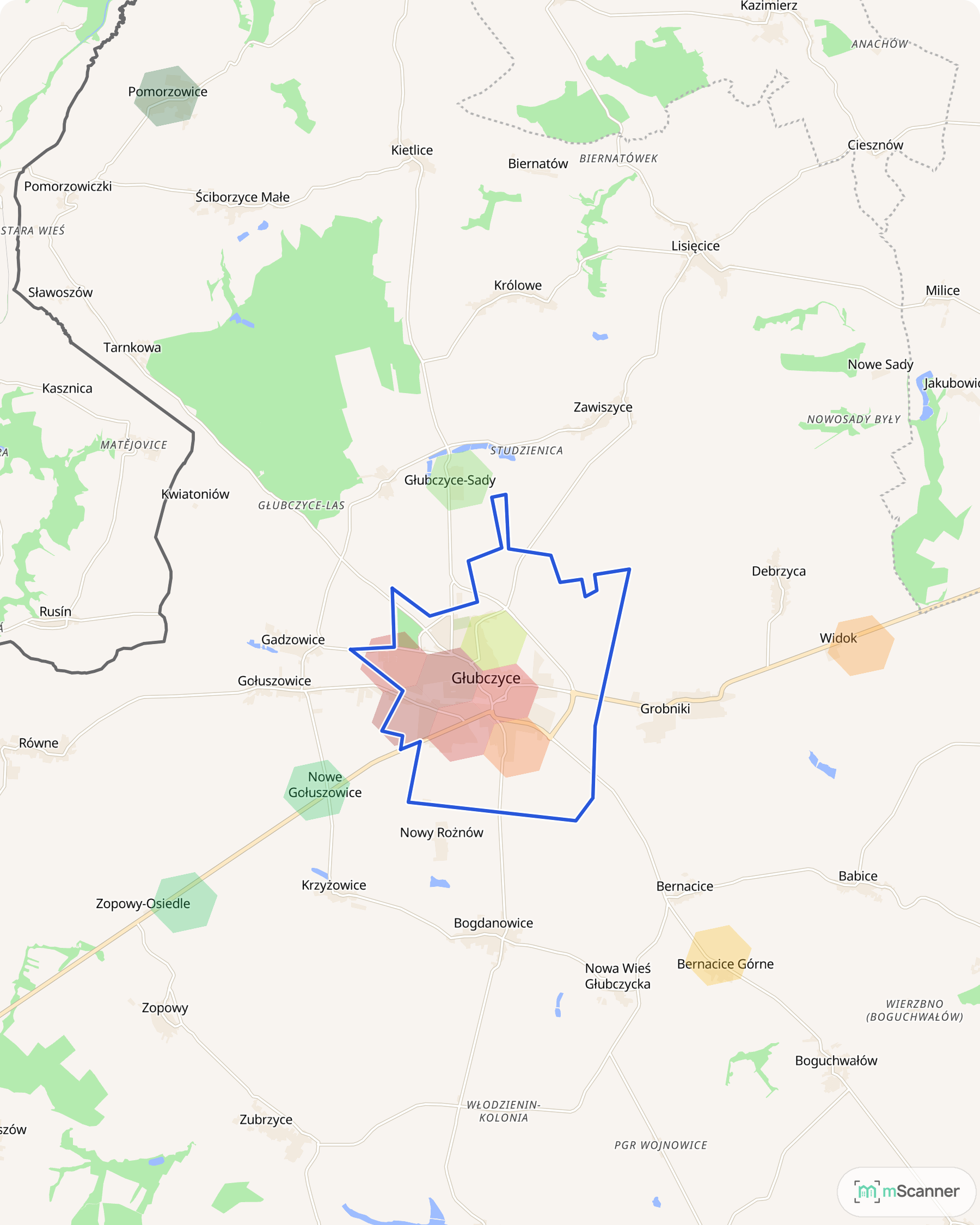 Mapa cen transakcyjnych mieszkań w Głubczycach, z niebieskim obrysem granic miasta i nielicznymi sześciokątnymi polami cen skupionymi wokół rynku.