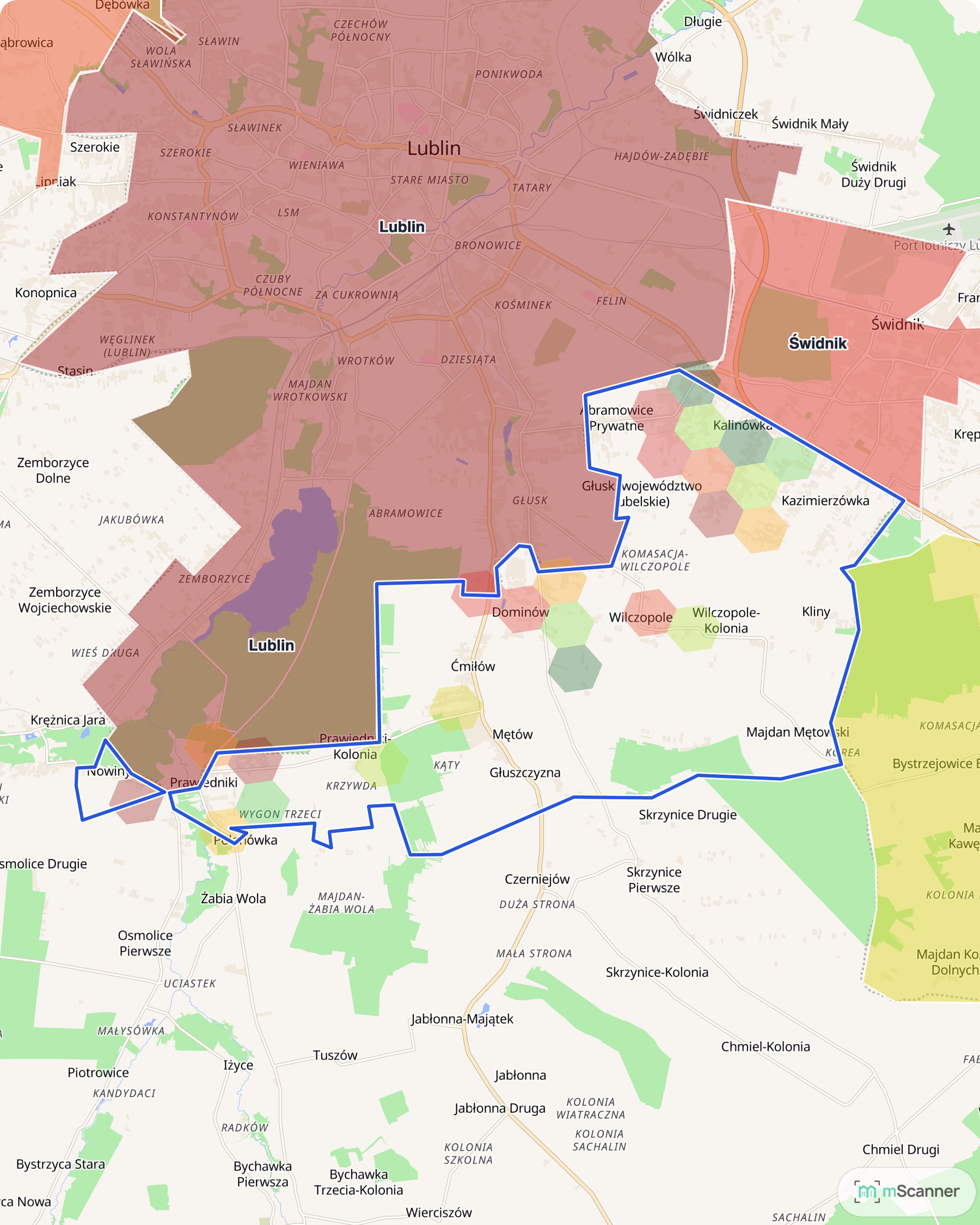 Mapa cen transakcyjnych mieszkań w gminie Głusk pod Lublinem, z niebieskim obrysem granic gminy i kolorowymi polami cen skupionymi przy północnej granicy z Lublinem.