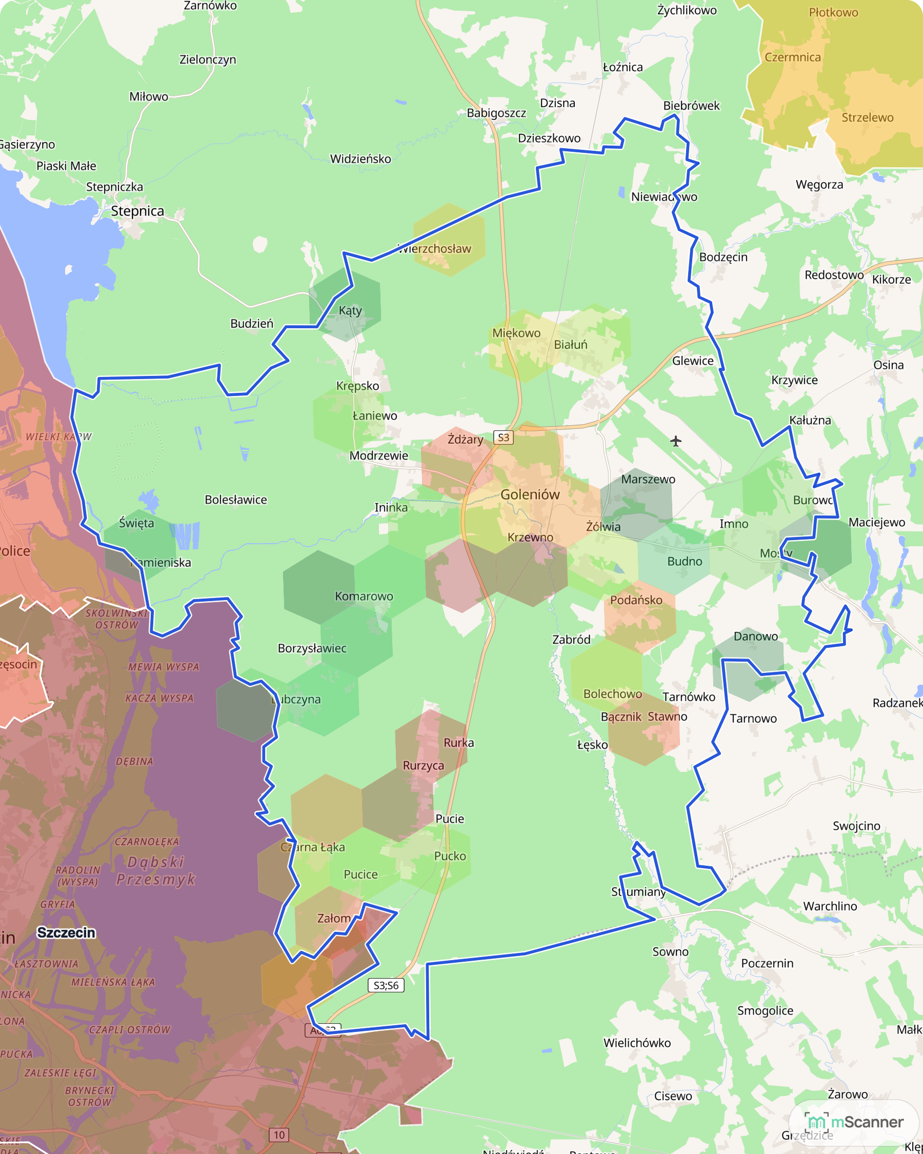 Mapa cen transakcyjnych mieszkań w gminie Goleniów, z niebieskim obrysem granic i kolorowanymi obszarami cen.
