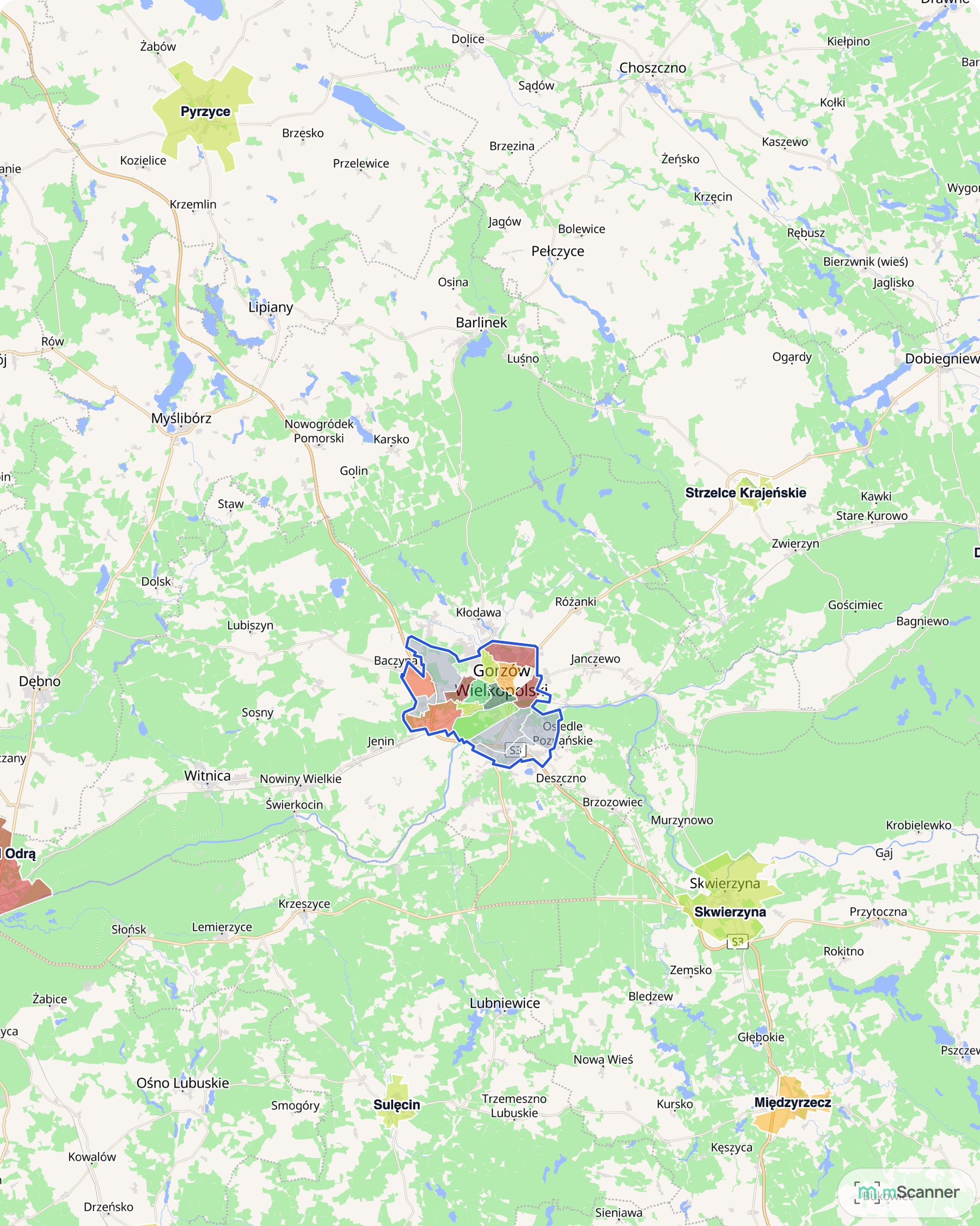 Mapa cen transakcyjnych mieszkań na północy województwa lubuskiego, z niebieskim obrysem granic Gorzowa Wielkopolskiego, Kostrzynem nad Odrą na zachodzie oraz Strzelcami Krajeńskimi i Drezdenkiem na wschodzie.