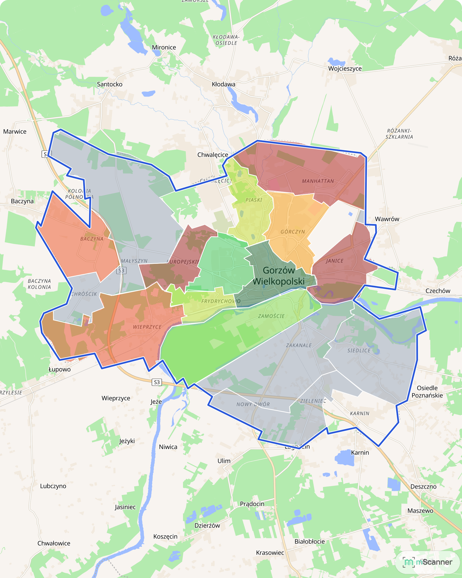 Mapa cen transakcyjnych mieszkań w Gorzowie Wielkopolskim, z niebieskim obrysem granic miasta i kolorowanymi obszarami cen w dzielnicach po obu stronach Warty.