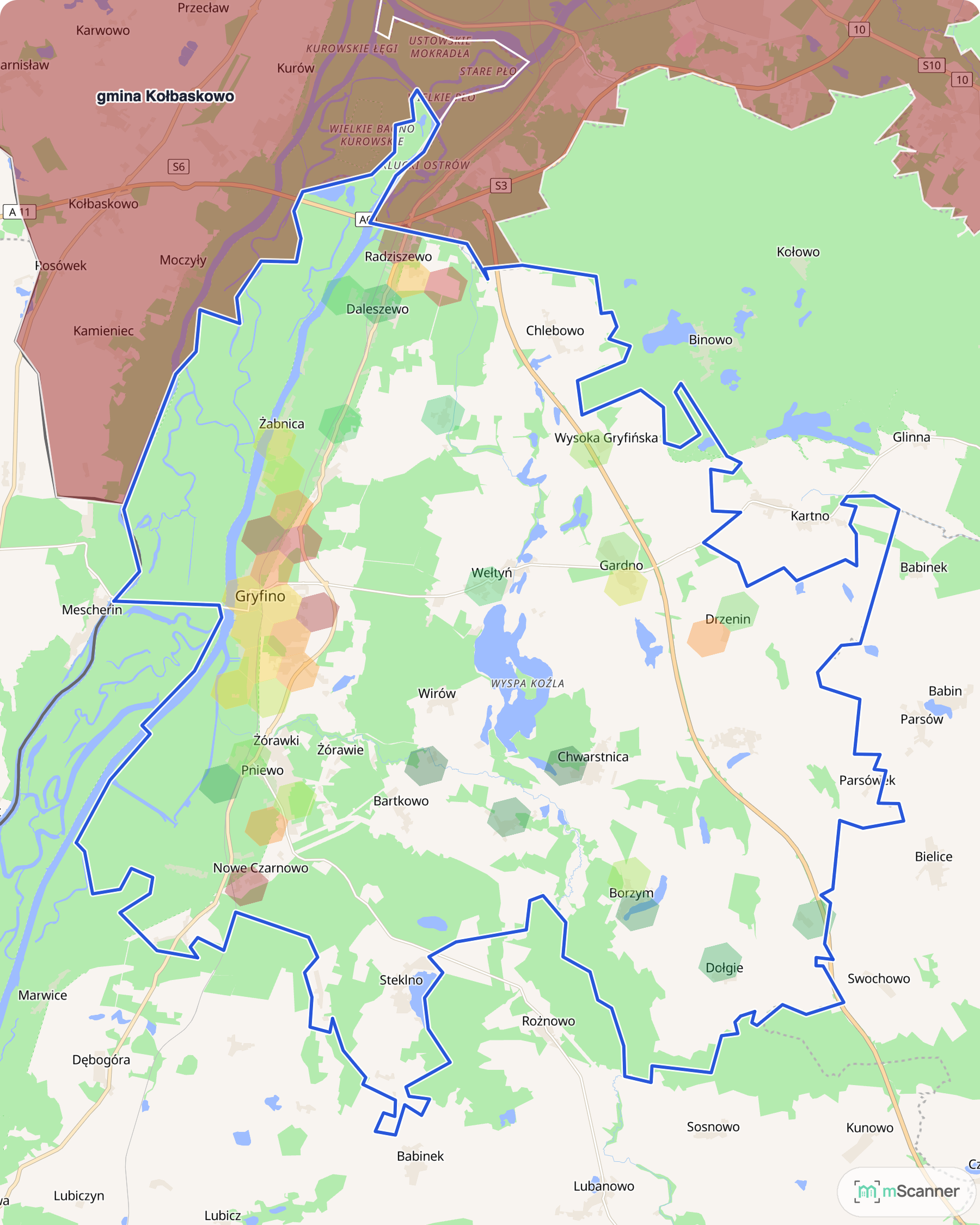 Mapa cen transakcyjnych mieszkań w gminie Gryfino, z niebieskim obrysem granic i kolorowanymi obszarami cen.