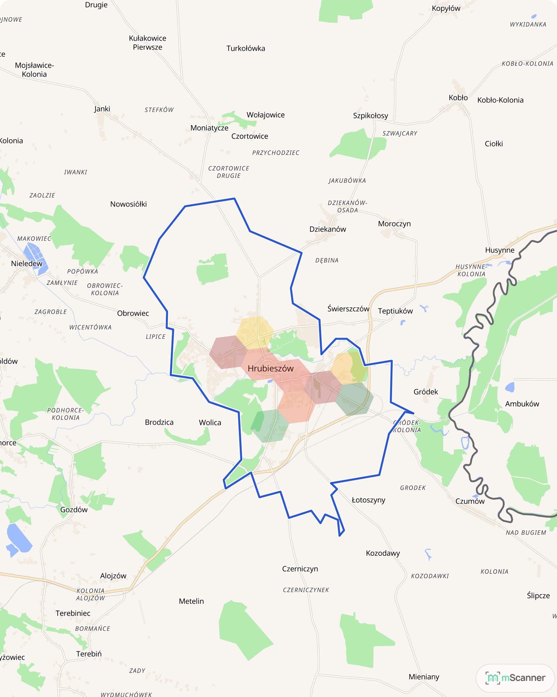 Mapa cen transakcyjnych mieszkań w Hrubieszowie, z niebieskim obrysem granic miasta i kolorowymi polami cen rozłożonymi po całym mieście.