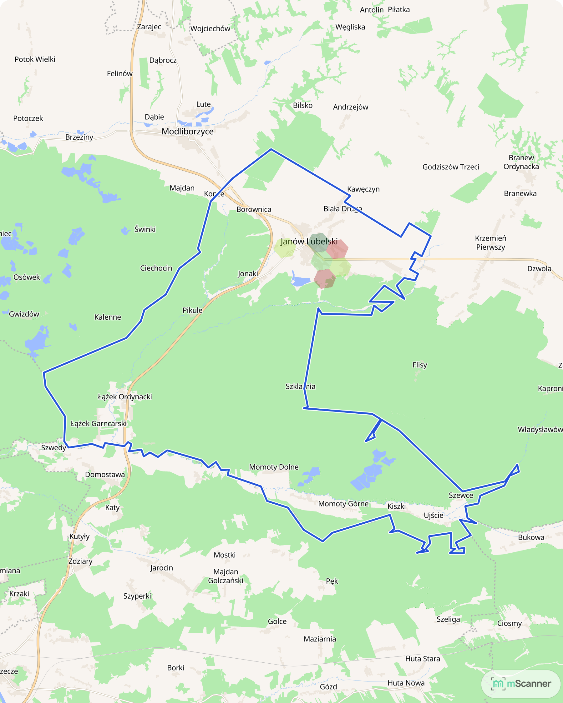 Mapa cen transakcyjnych mieszkań w gminie Janów Lubelski, z niebieskim obrysem granic gminy i kolorowymi polami cen skupionymi w samym mieście.