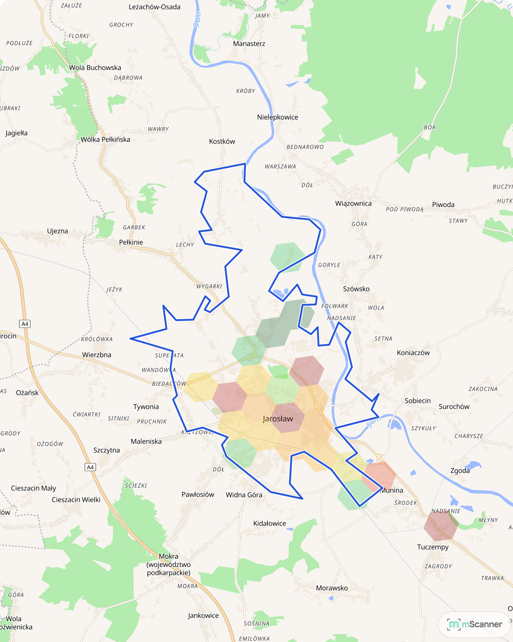 Mapa Jarosławia z niebieską granicą administracyjną i sześciokątami pokolorowanymi według mediany ceny transakcyjnej mieszkań, nad Sanem