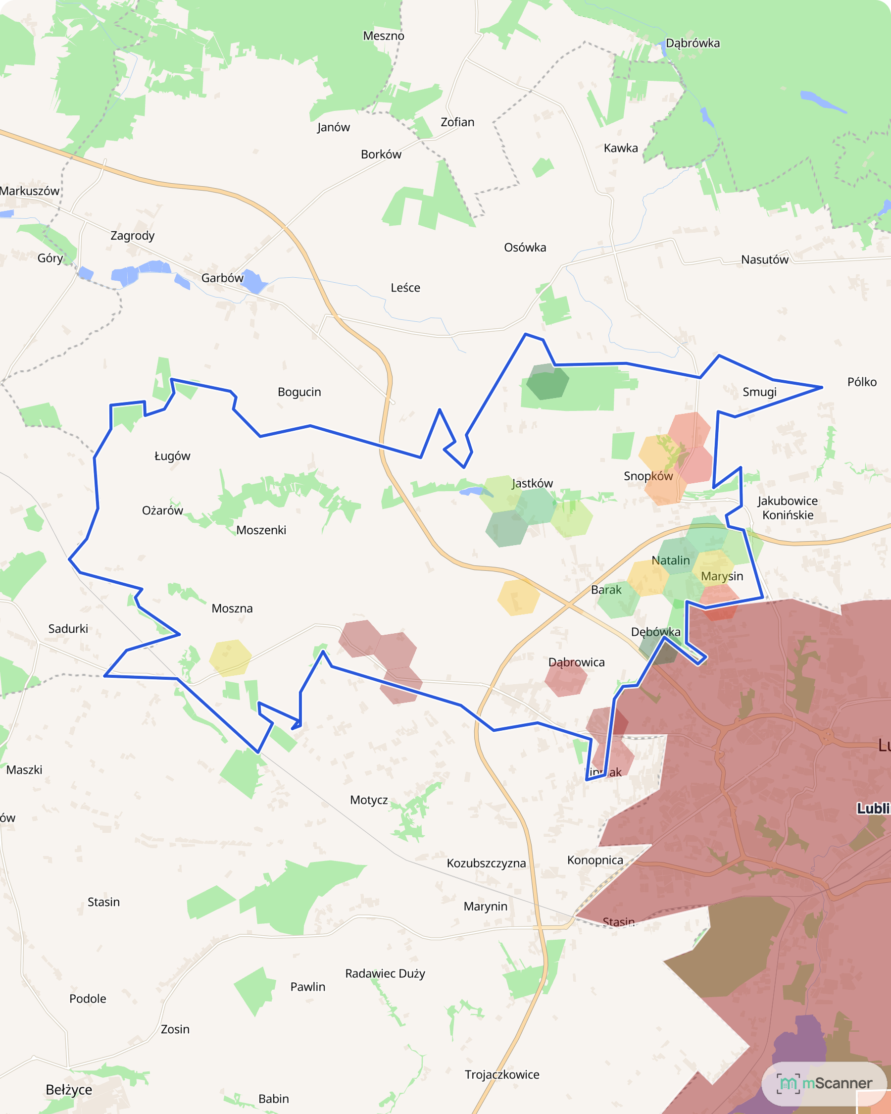 Mapa cen transakcyjnych mieszkań w gminie Jastków pod Lublinem, z niebieskim obrysem granic gminy i kolorowymi polami cen skupionymi w jednym miejscu przy południowej granicy.