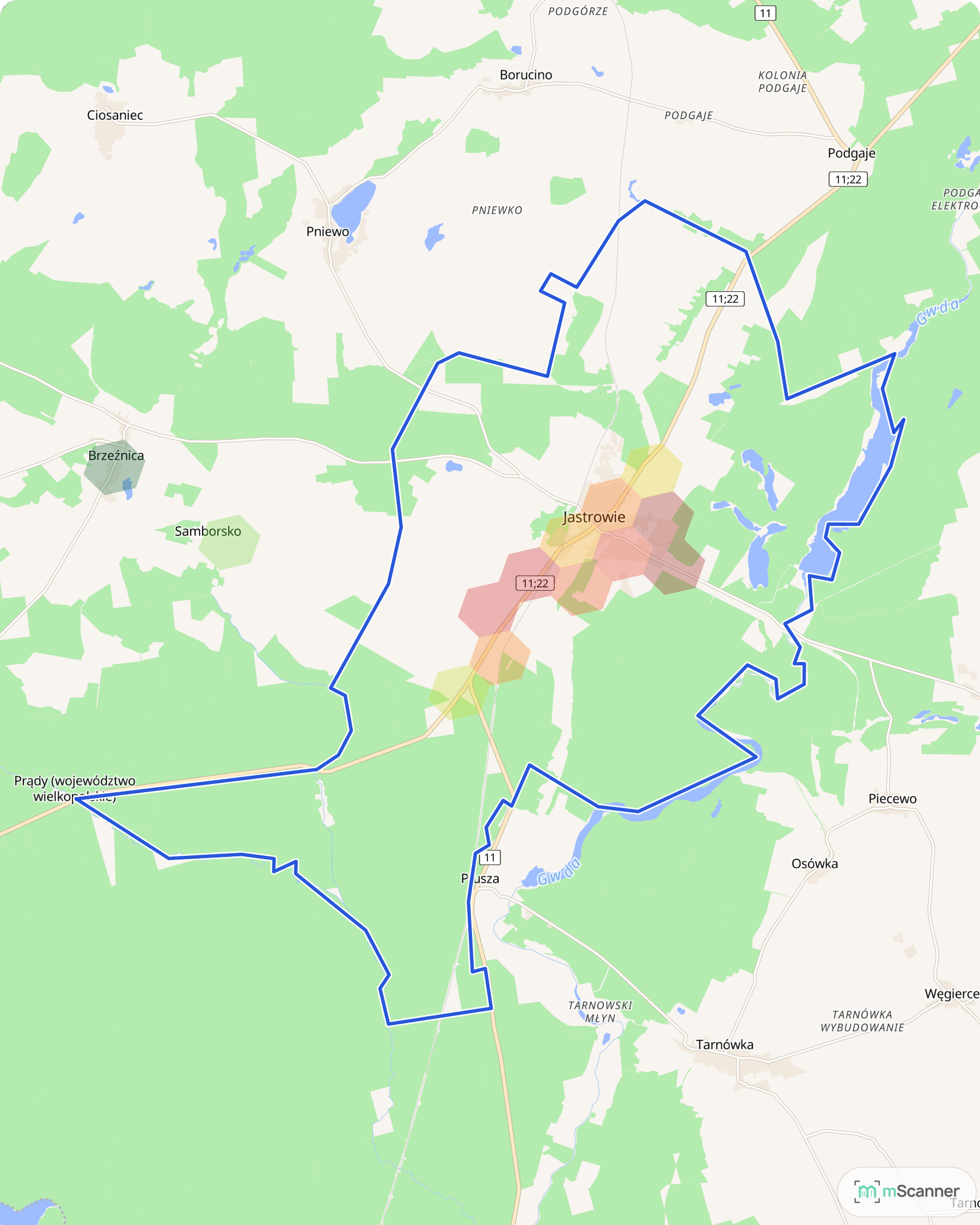 Mapa cen transakcyjnych mieszkań w Jastrowiu, z niebieskim obrysem granic miasta i kolorowanymi obszarami cen wzdłuż Wojska Polskiego i Gdańskiej.