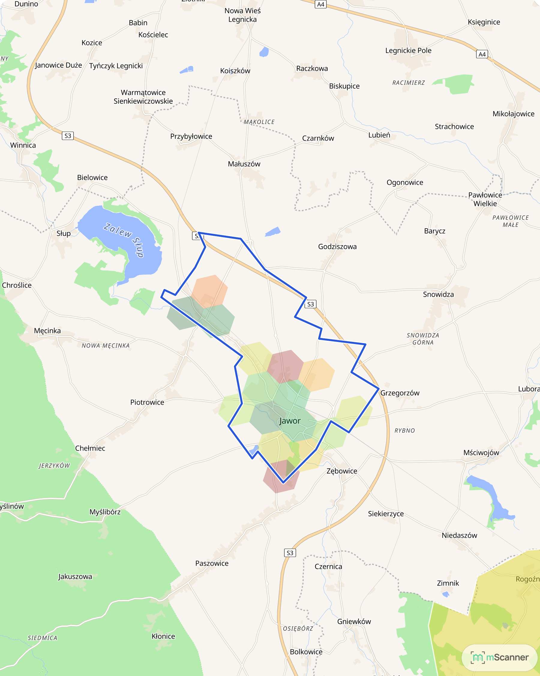 Mapa cen transakcyjnych mieszkań w Jaworze, z niebieskim obrysem granic i kolorowanymi obszarami cen.