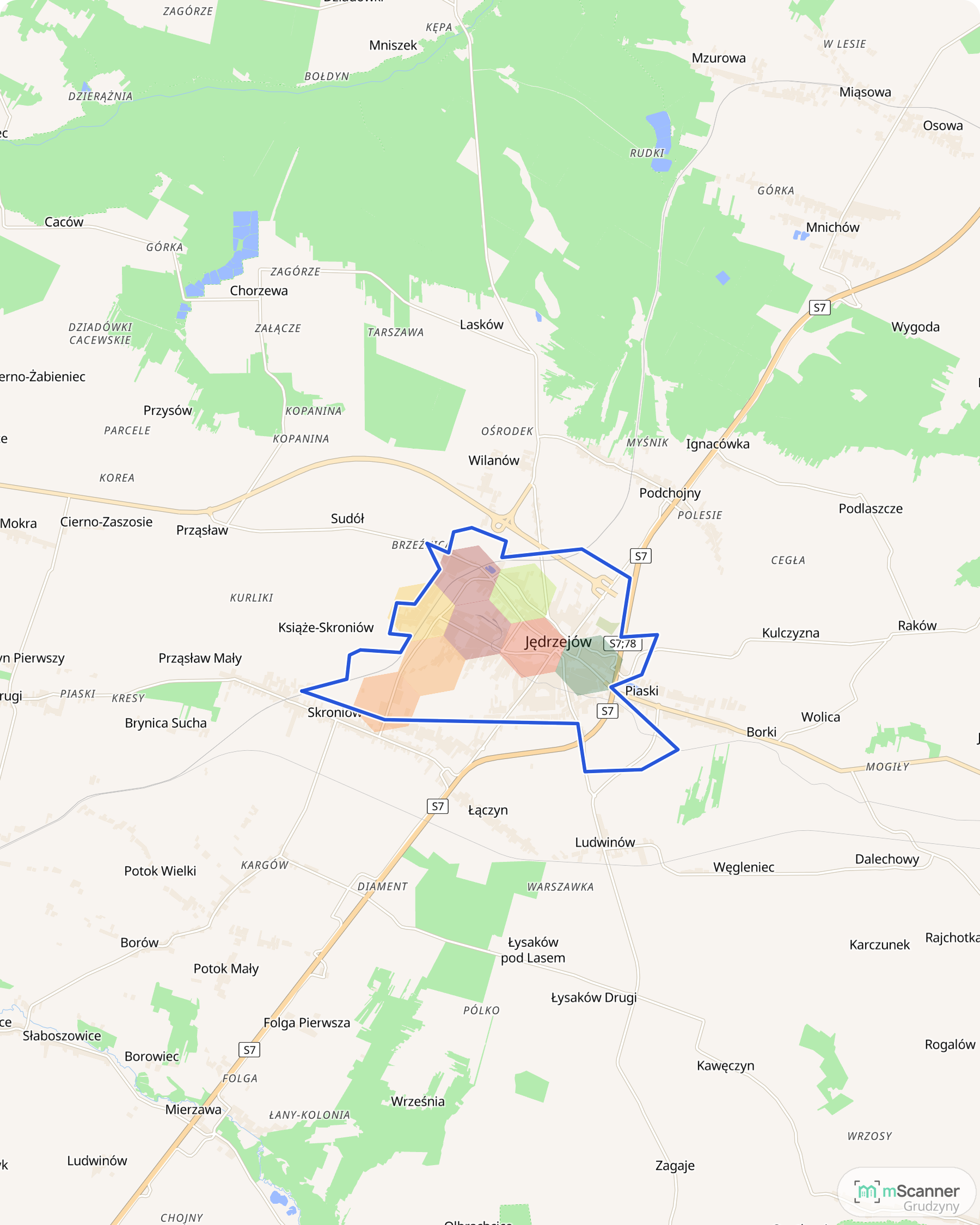 Mapa cen transakcyjnych mieszkań w Jędrzejowie, z niebieskim obrysem granic miasta i polami cen skupionymi w jego zachodniej części.