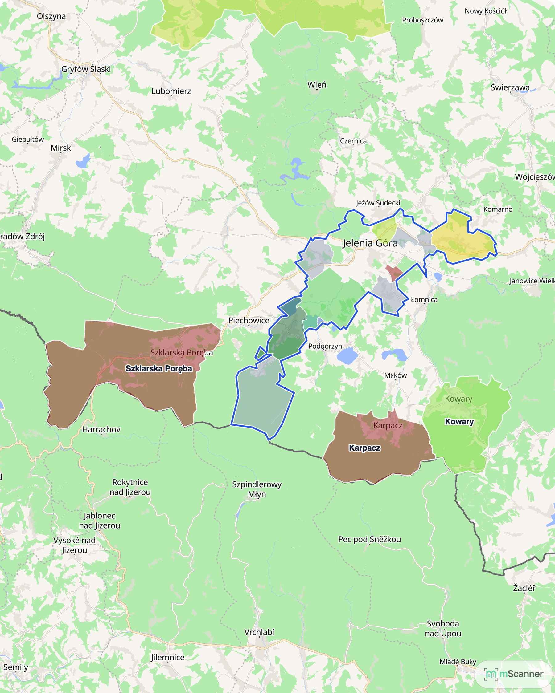 Mapa cen transakcyjnych mieszkań w Karkonoszach i Jeleniej Górze, z niebieskim obrysem granic i kolorowanymi obszarami cen.