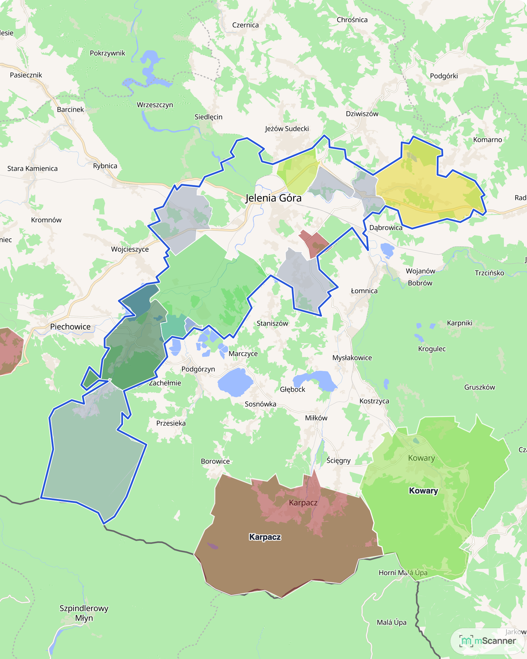 Mapa cen transakcyjnych mieszkań w Jeleniej Górze, z niebieskim obrysem granic i kolorowanymi obszarami cen.