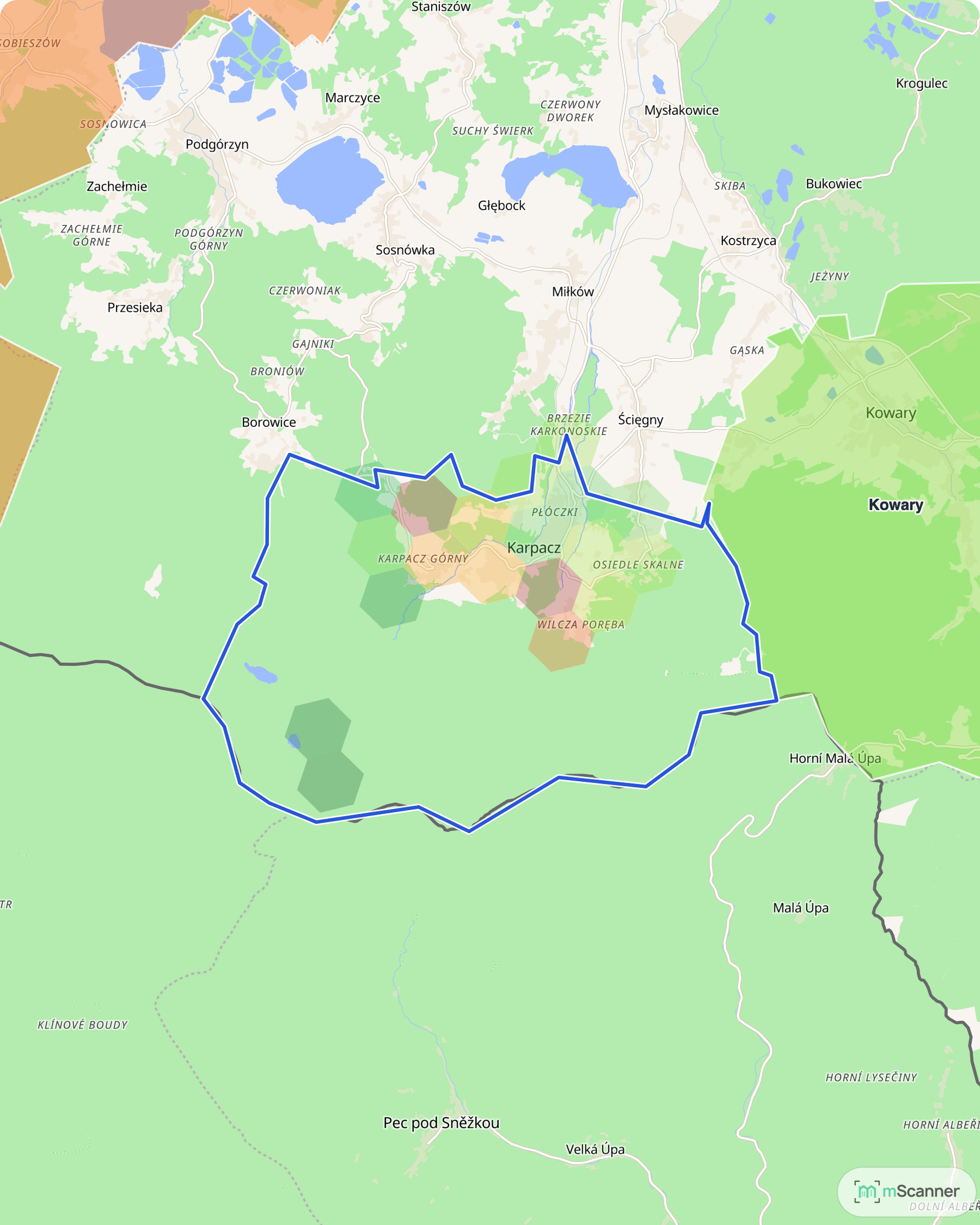 Mapa cen transakcyjnych mieszkań w Karpaczu, z niebieskim obrysem granic i kolorowanymi obszarami cen.