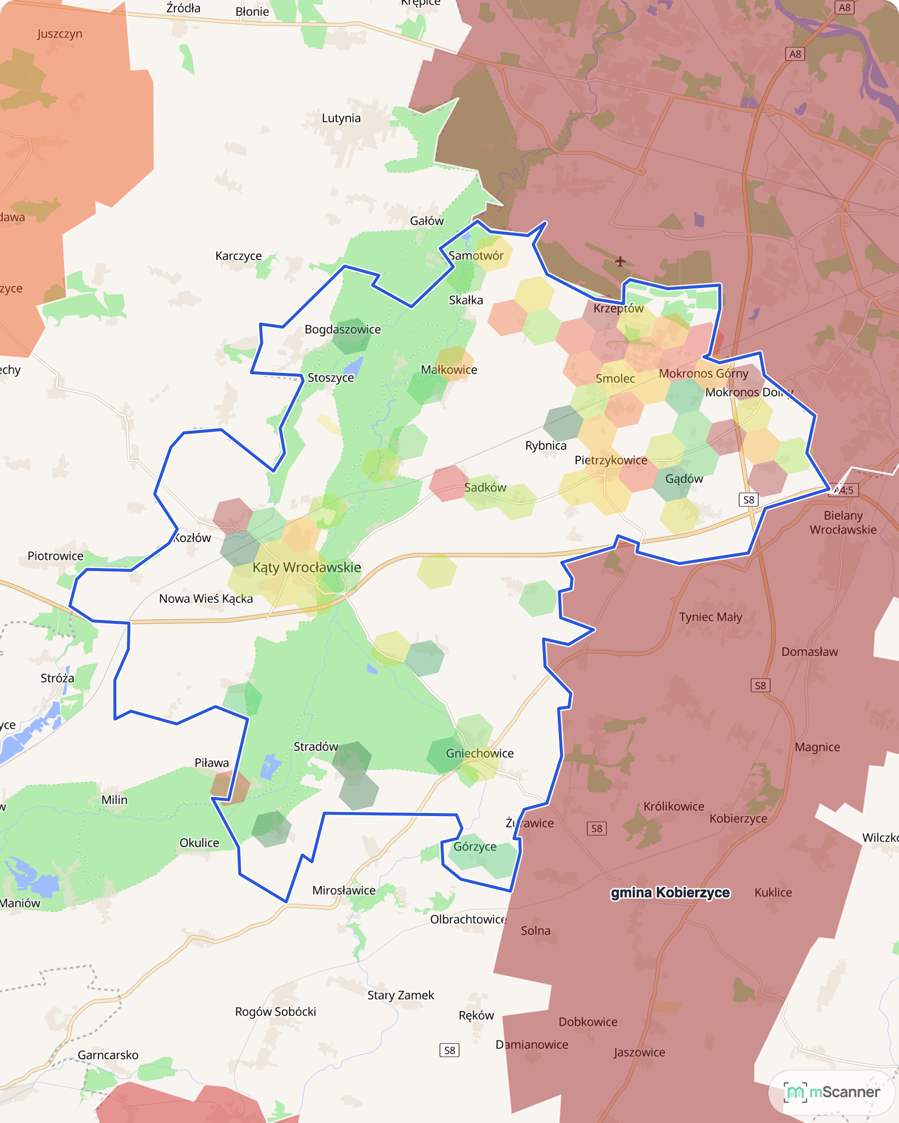 Mapa cen transakcyjnych mieszkań w gminie Kąty Wrocławskie, z niebieskim obrysem granic i kolorowanymi obszarami cen.