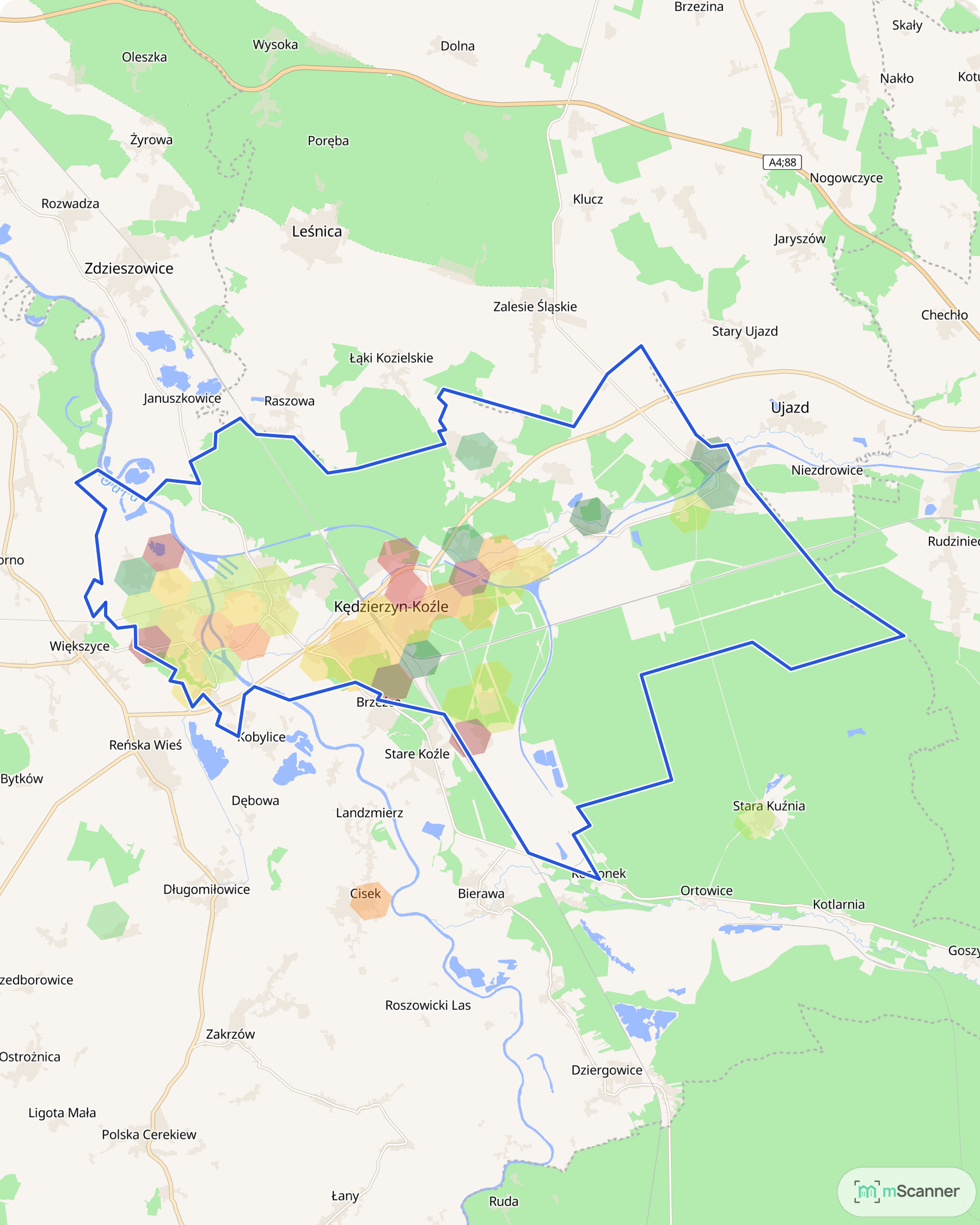 Mapa cen transakcyjnych mieszkań w Kędzierzynie-Koźlu, z niebieskim obrysem granic miasta i sześciokątnymi polami cen rozciągniętymi wzdłuż Odry, od Koźla po osiedla azotowe.
